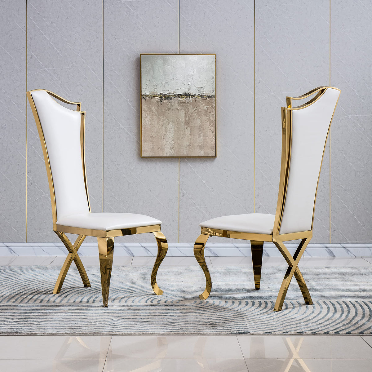 Mcltopz Dining Chair Set Of 2, Modern Luxury Dining Room Chairs, Leatherette White Dining Chairs With Golden Harp Backrest And Stainless Steel Legs, High Back Armless Side Chair Dining Chairs