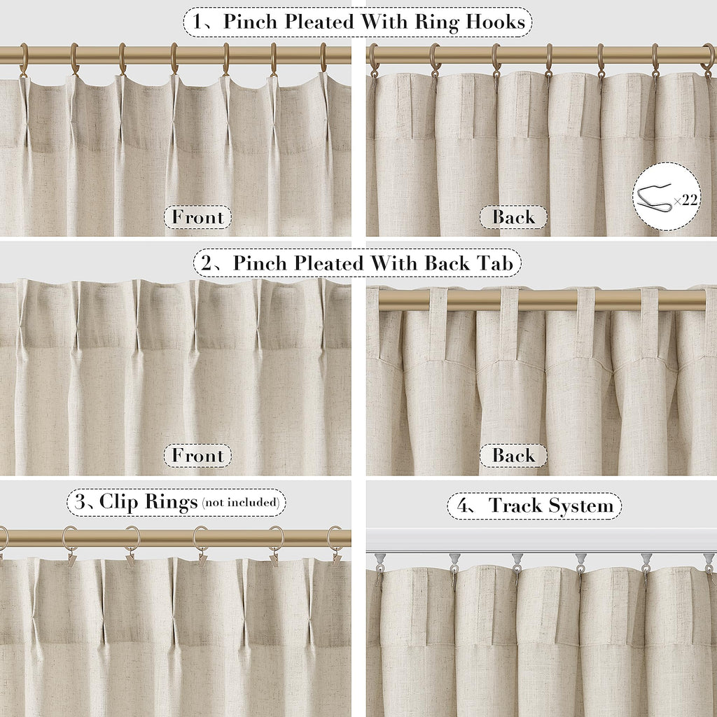 Joywell Linen Pinch Pleated Curtains 100 Inches Long,Back Tab Clip Rings Window Semi Sheer Light Filtering Modern Flax Drapes With Hooks For Bedroom Living Room,W50 X L100,Linen,2 Panels Set