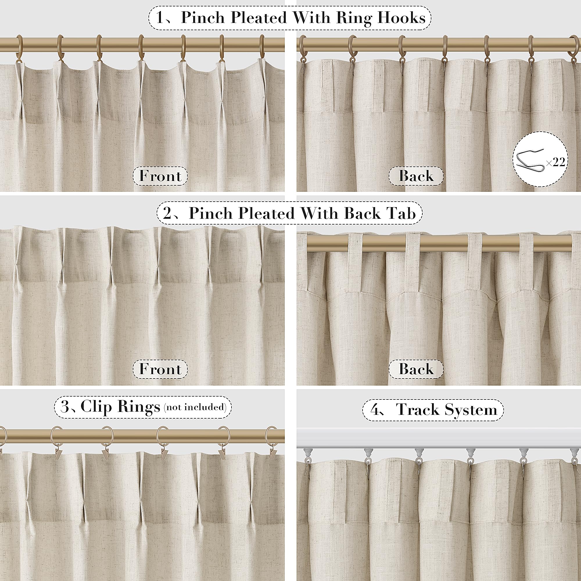 Joywell Linen Pinch Pleated Curtains 100 Inches Long,Back Tab Clip Rings Window Semi Sheer Light Filtering Modern Flax Drapes With Hooks For Bedroom Living Room,W50 X L100,Linen,2 Panels Set