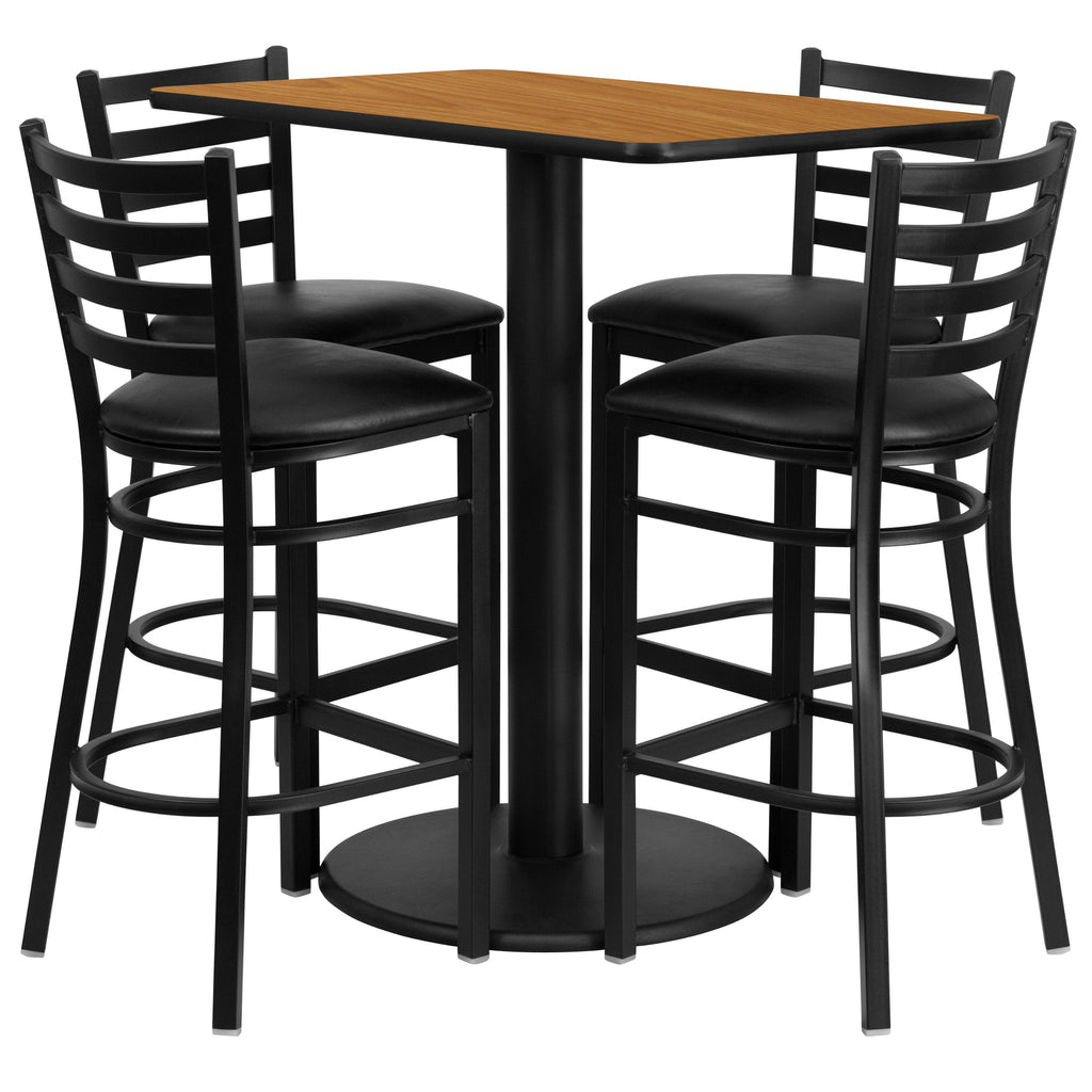 Flash Furniture Jamie 24'' x 42'' Rectangular Natural Laminate Table Set with 4 Ladder Back Metal Barstools - Black Vinyl Seat