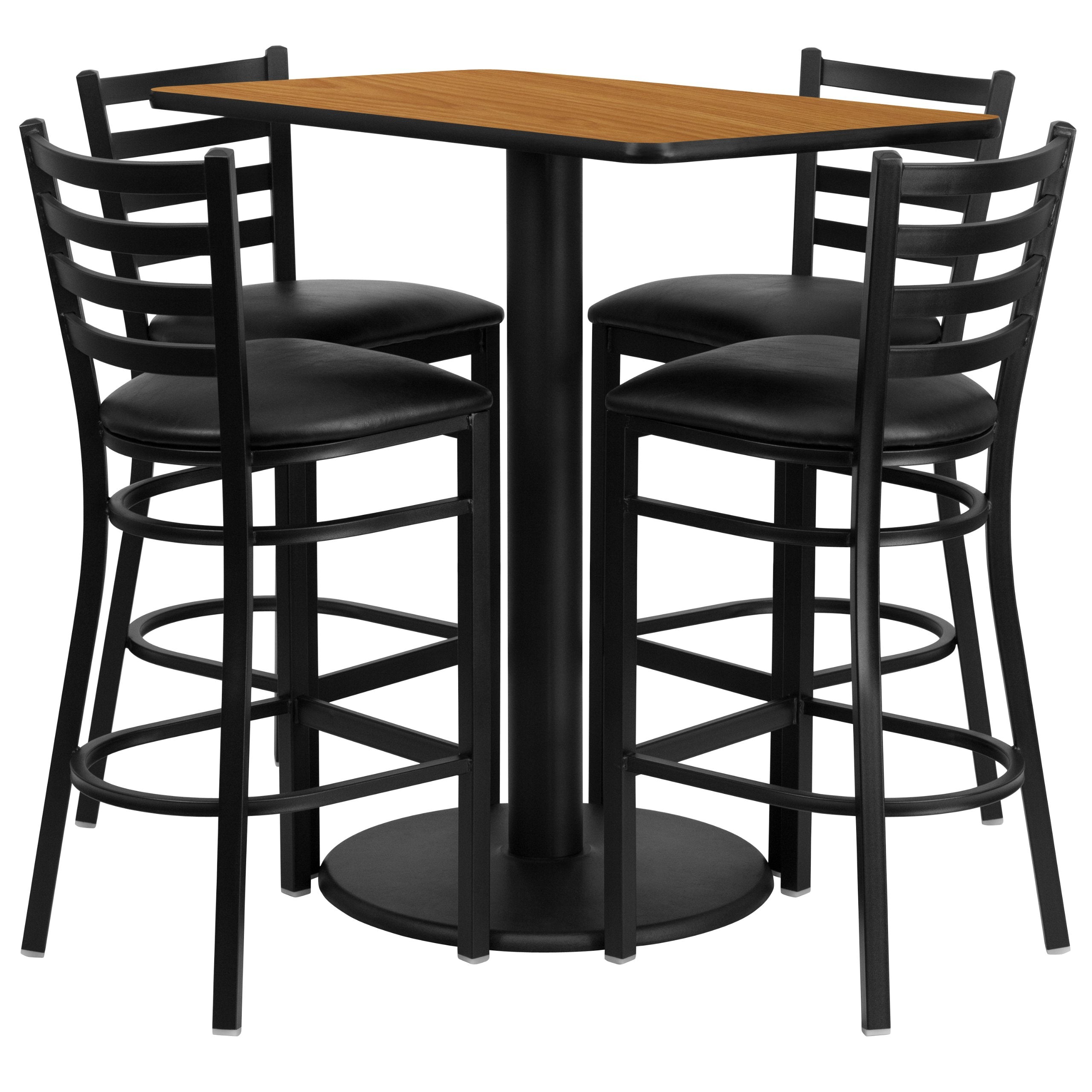 Flash Furniture Jamie 24'' x 42'' Rectangular Natural Laminate Table Set with 4 Ladder Back Metal Barstools - Black Vinyl Seat