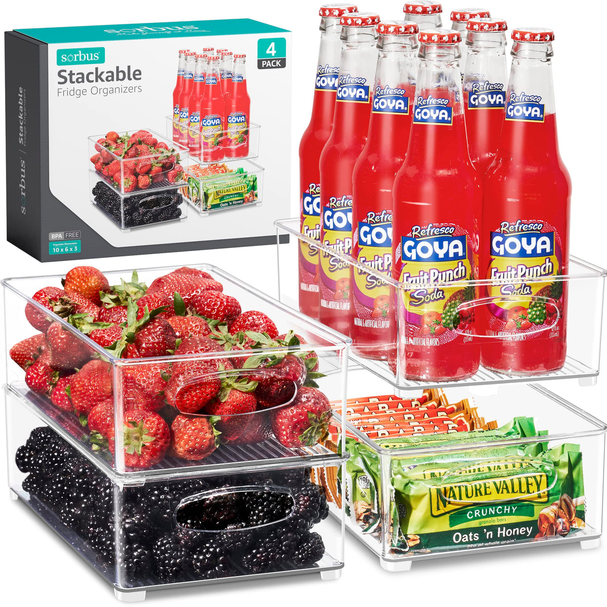 Sorbus Fridge Organizers and Storage, Clear Stackable Bins (Medium, 4 Pack)