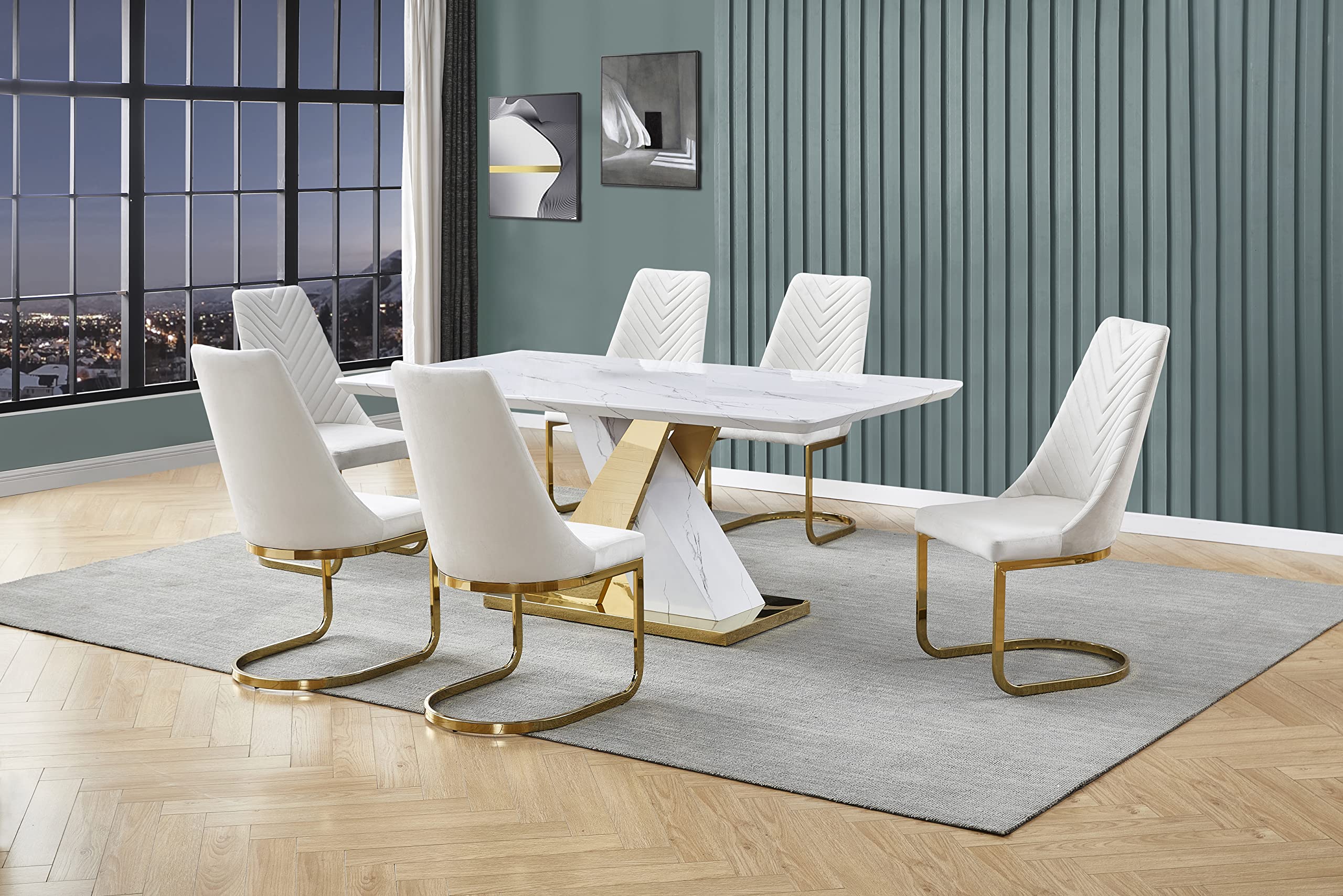 Best Quality Furniture D215-6SC177 Dining Set, White/Cream/Gold