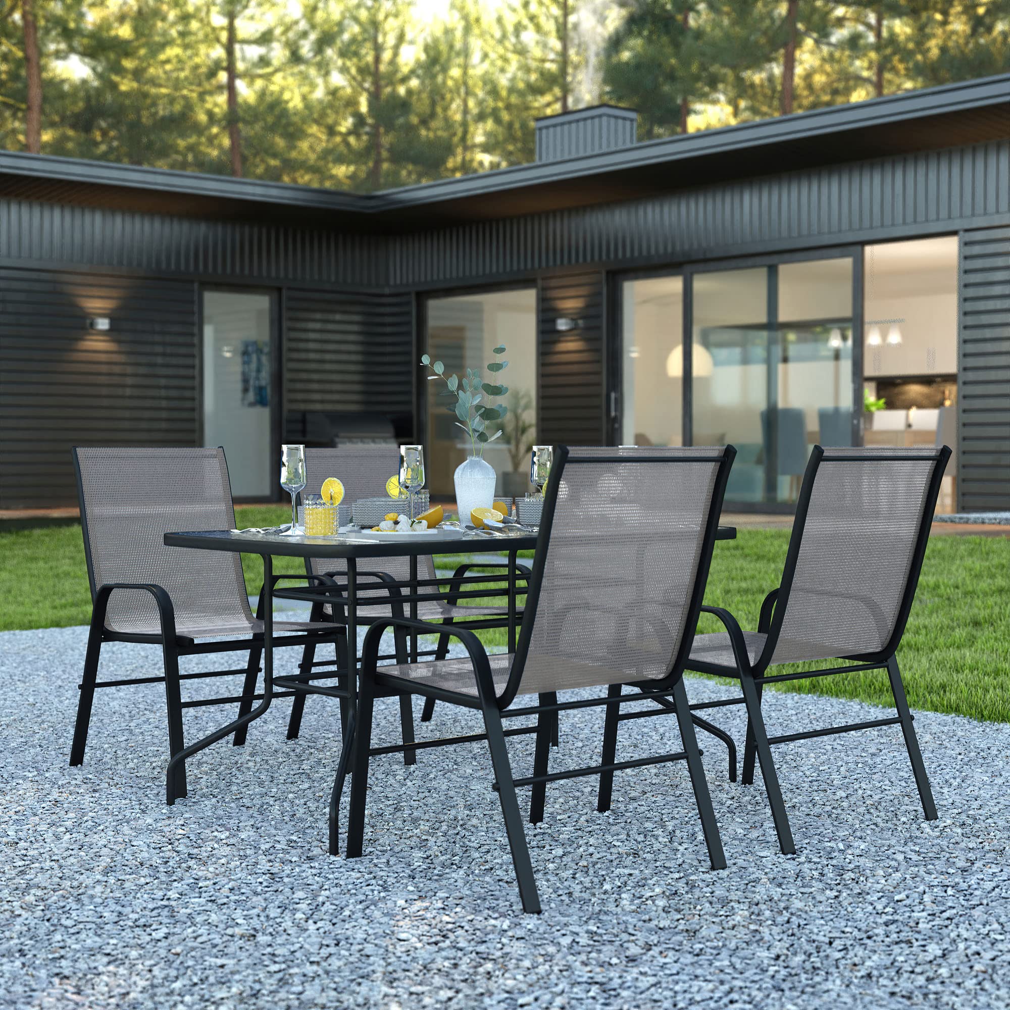 Flash Furniture Brazos 5 Piece Outdoor Patio Dining Set - 4 Gray Flex Comfort Stack Chairs - 55&Quot; Tempered Glass Patio Table With Umbrella Hole