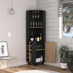 Morocco Corner Bar Cabinet With 4 Shelves, 10 Wine Cubbies, Cabinet, And Glass Rack, Black/Pine