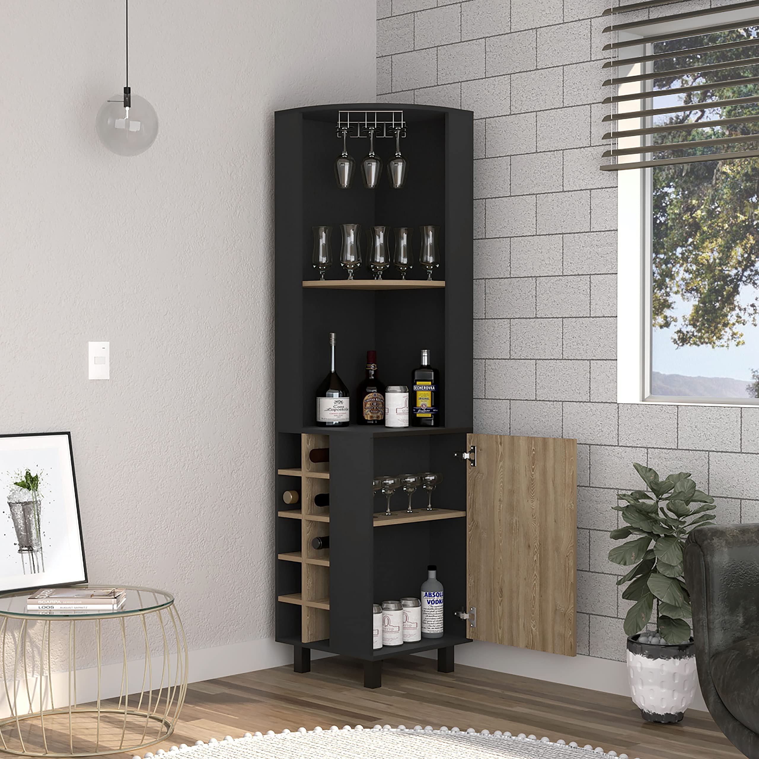 Morocco Corner Bar Cabinet With 4 Shelves, 10 Wine Cubbies, Cabinet, And Glass Rack, Black/Pine