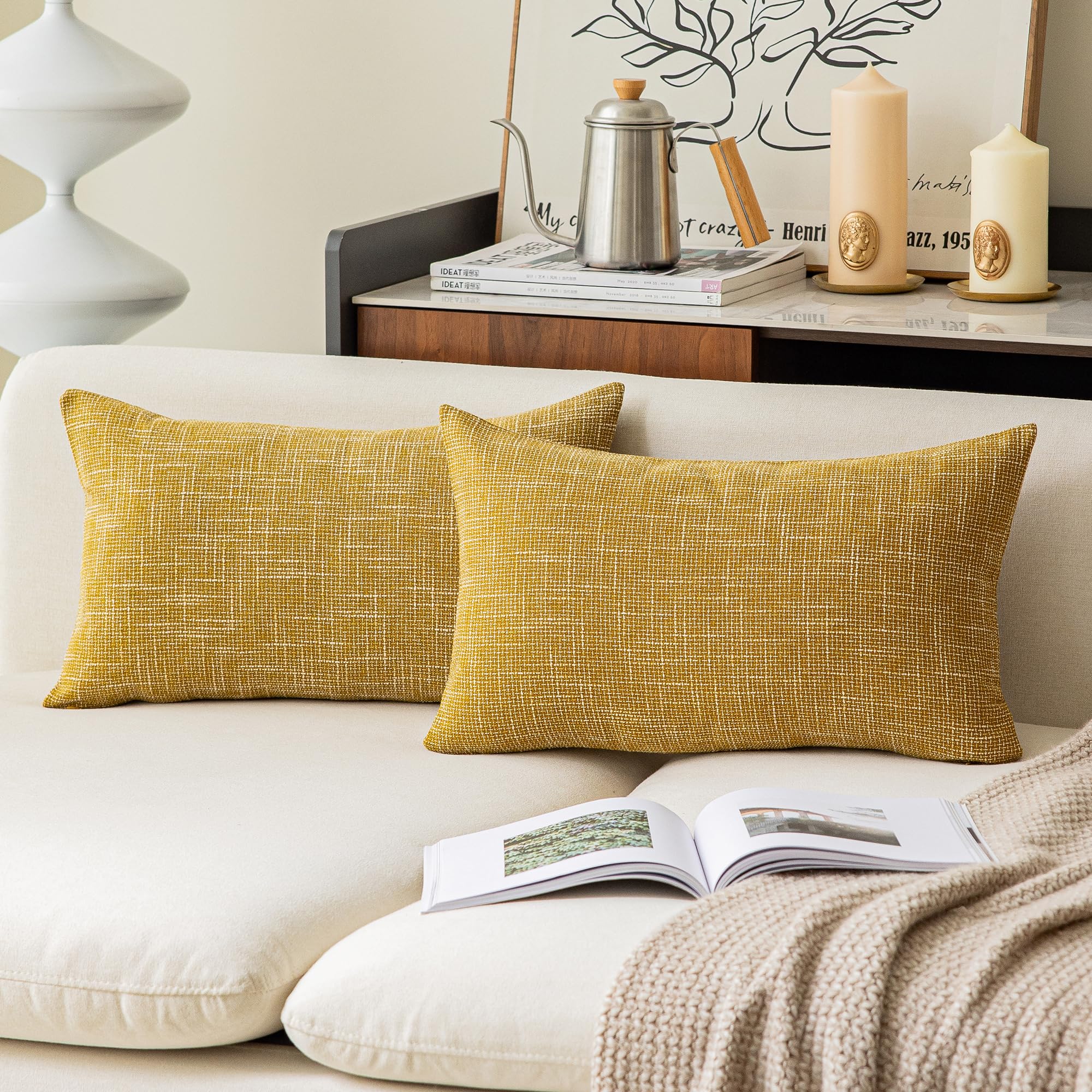 Kevin Textile New 2 Tone Star Faux Linen Pillowcase Decorative Cushion Covers For Bed/Sofa(12 X 20Inch, Honey Yellow) Set Of 2