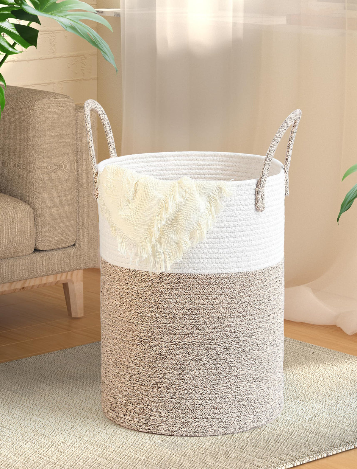 Laundry Basket 60L Large Laundry Hamper for Decorative Storage of Dirty Clothes, Woven Cotton Rope Laundry Hamper Blankets and t