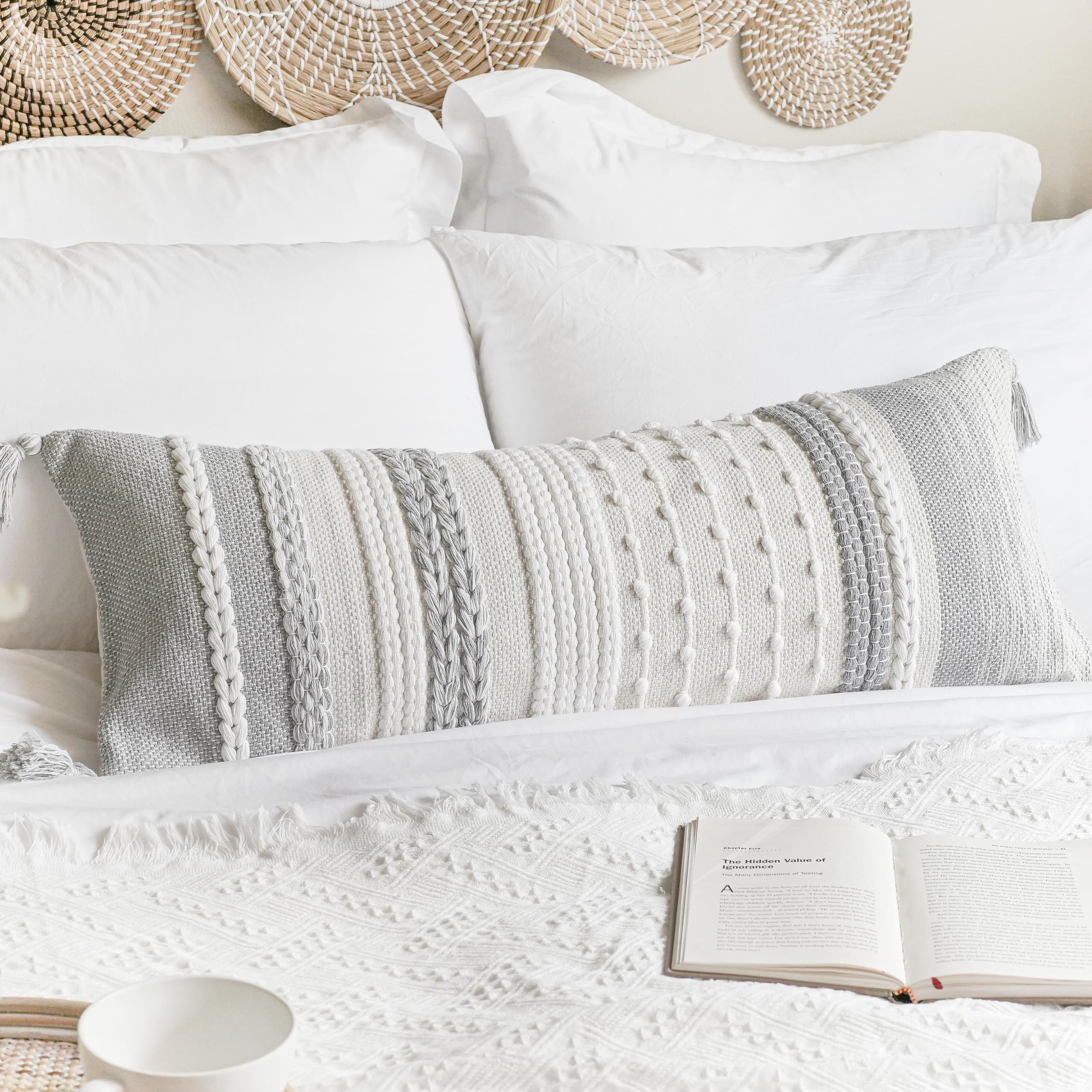 Blissblush Gray Decorative Lumbar Pillow Cover 14X36, Grey Boho Long Body Pillow For Bed, Farmhouse Lumbar Throw Pillow For Couc