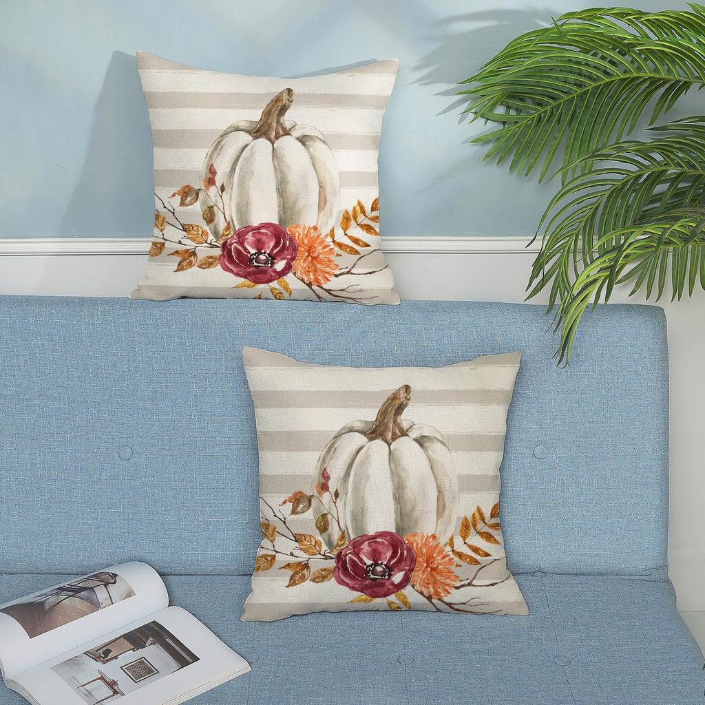 Gohdiwh Fall Pillow Covers 18X18 Set Of 2 Leaf Branch Floral Stripes White Pumpkin Pillowcase Fall Decor Outdoor Throw Pillow Co