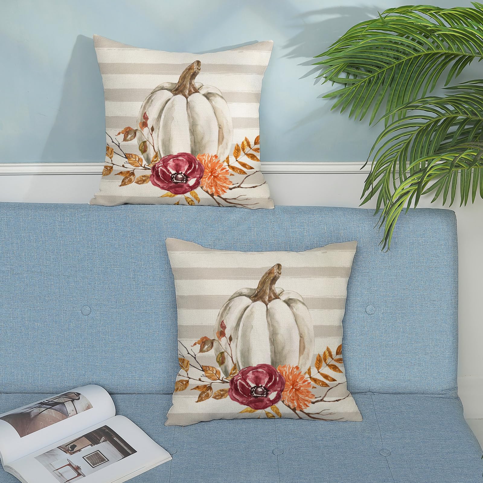 Gohdiwh Fall Pillow Covers 18X18 Set Of 2 Leaf Branch Floral Stripes White Pumpkin Pillowcase Fall Decor Outdoor Throw Pillow Co