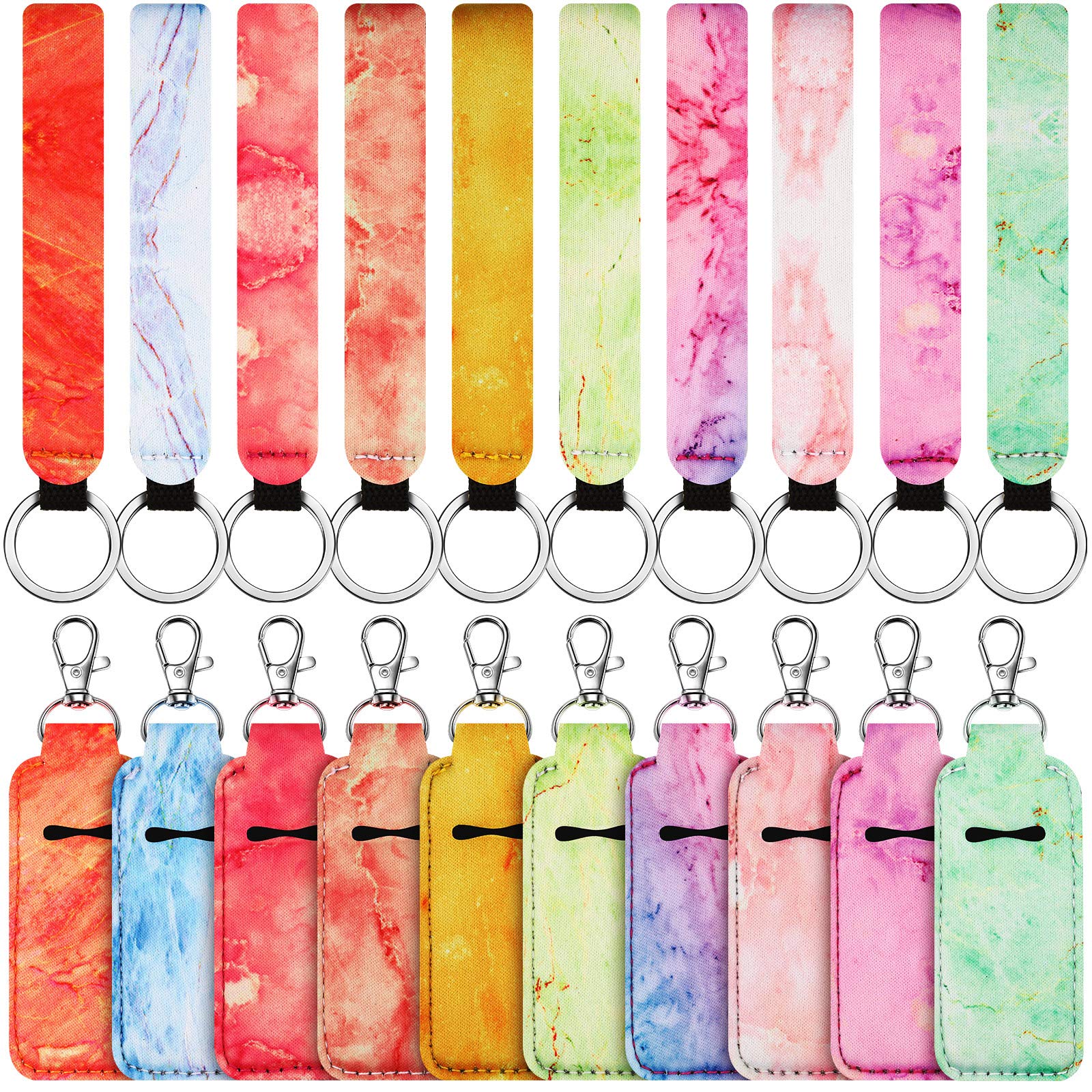 20 Pieces Marble Lipstick Holder Keychain With Lock And Lanyard Wristlet Set, Includes 10 Lipstick Holder Keychain Clip-On Sleev