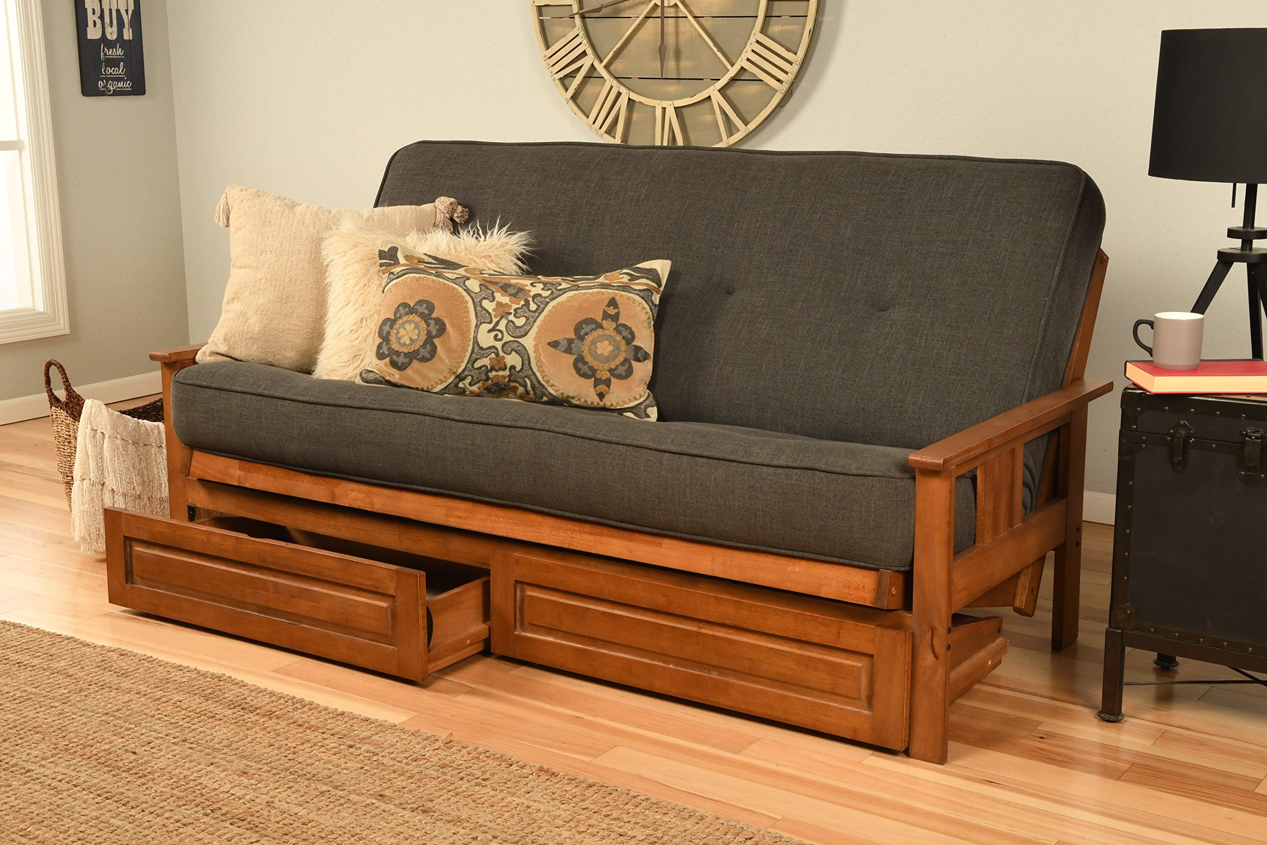 Kodiak Furniture Monterey Futon Set With Storage Drawers, With Barbados Base And Linen Charcoal Mattress