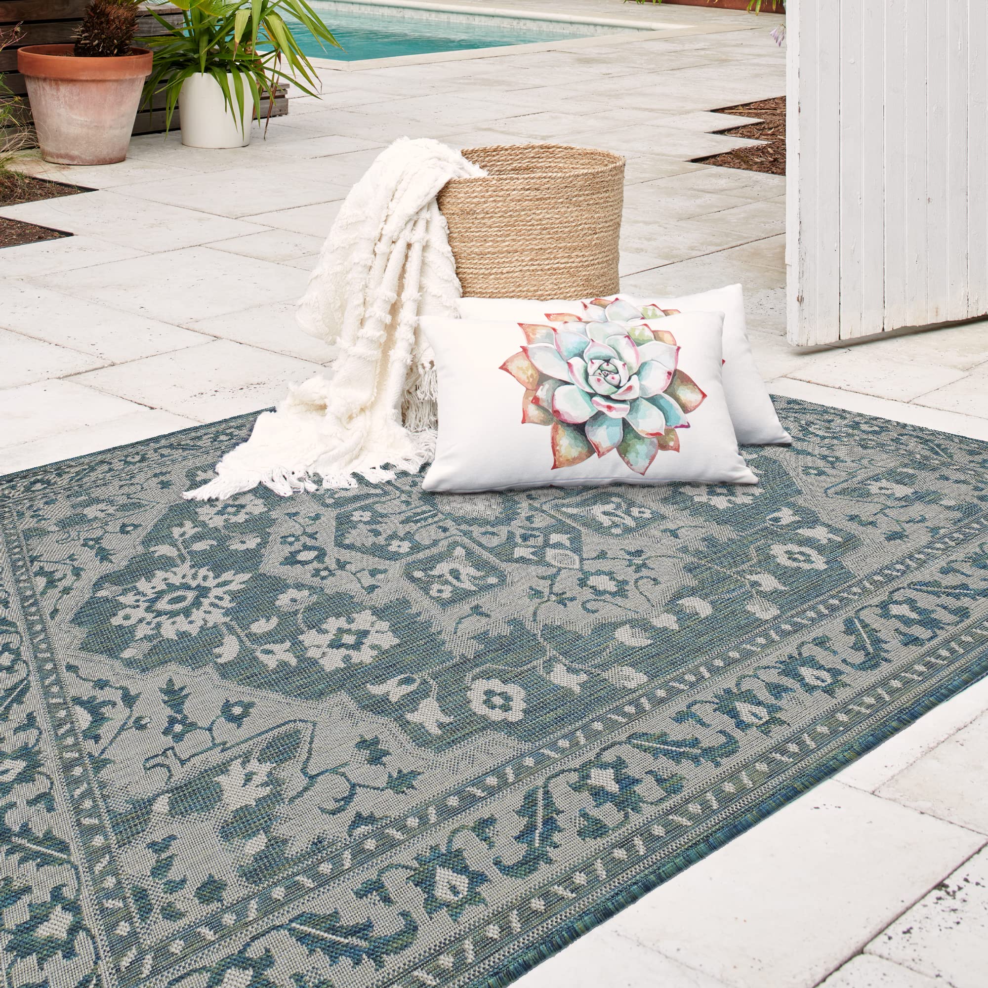 Fh Home Flat Woven Outdoor Rug - Waterproof, Easy To Clean, Stain Resistant - Premium Polypropylene Yarn - Vintage - Patio, Deck