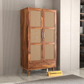 Mamta Furniture Sheesham Wood Wardrobe 2 Door Cane Doors | Honey Finish | Bedroom Clothes Organizer | Hanging Rod Shelves & Draw