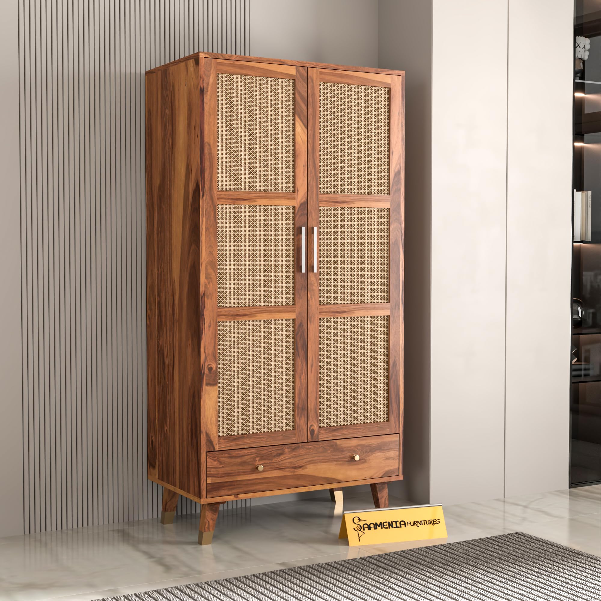 Mamta Furniture Sheesham Wood Wardrobe 2 Door Cane Doors | Honey Finish | Bedroom Clothes Organizer | Hanging Rod Shelves & Draw
