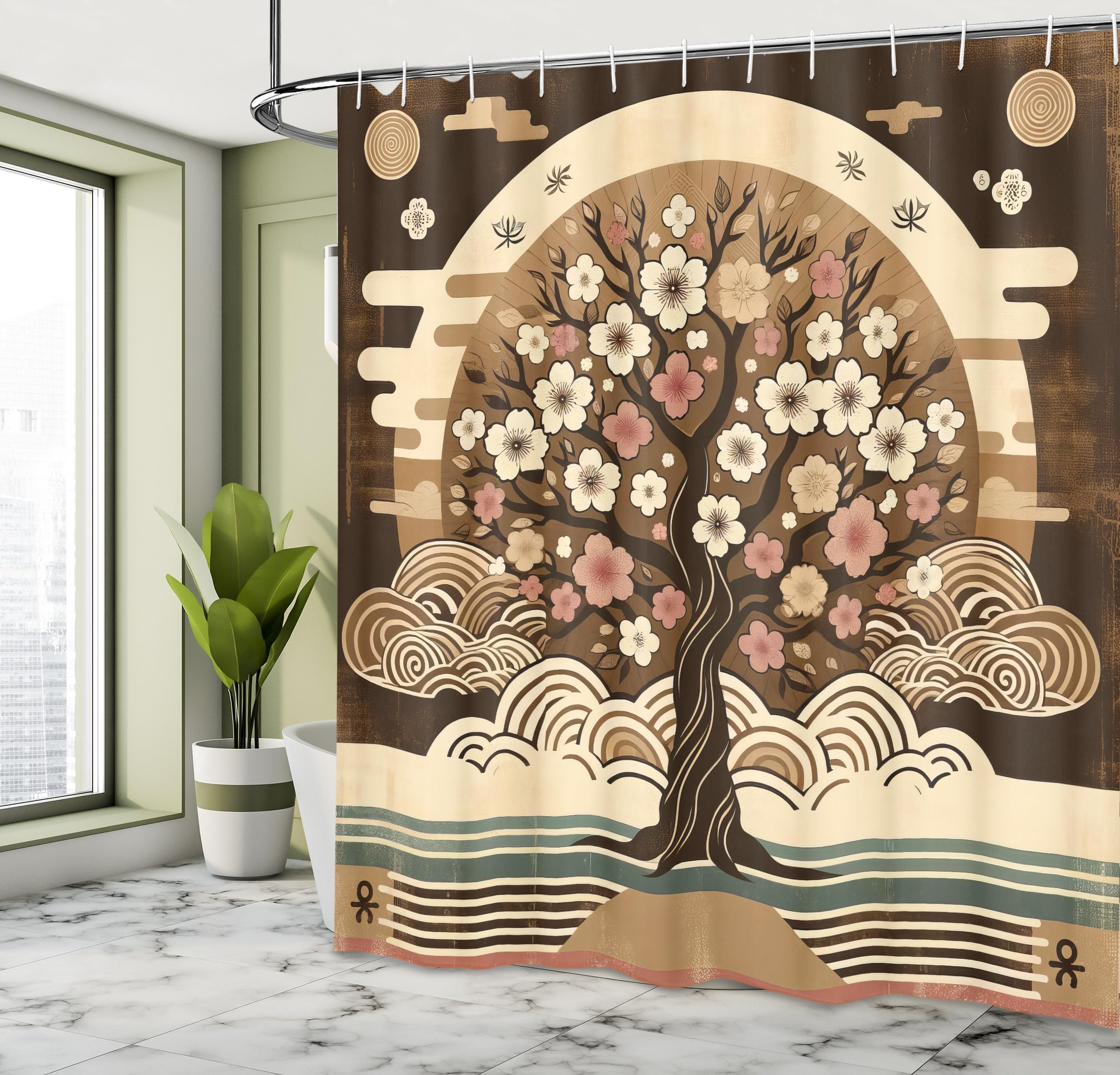 Ambesonne Brown Shower Curtain, Asian Cultural Inspired Tree Design Grunge Earthy Style Floral Branches, Cloth Fabric Bathroom D
