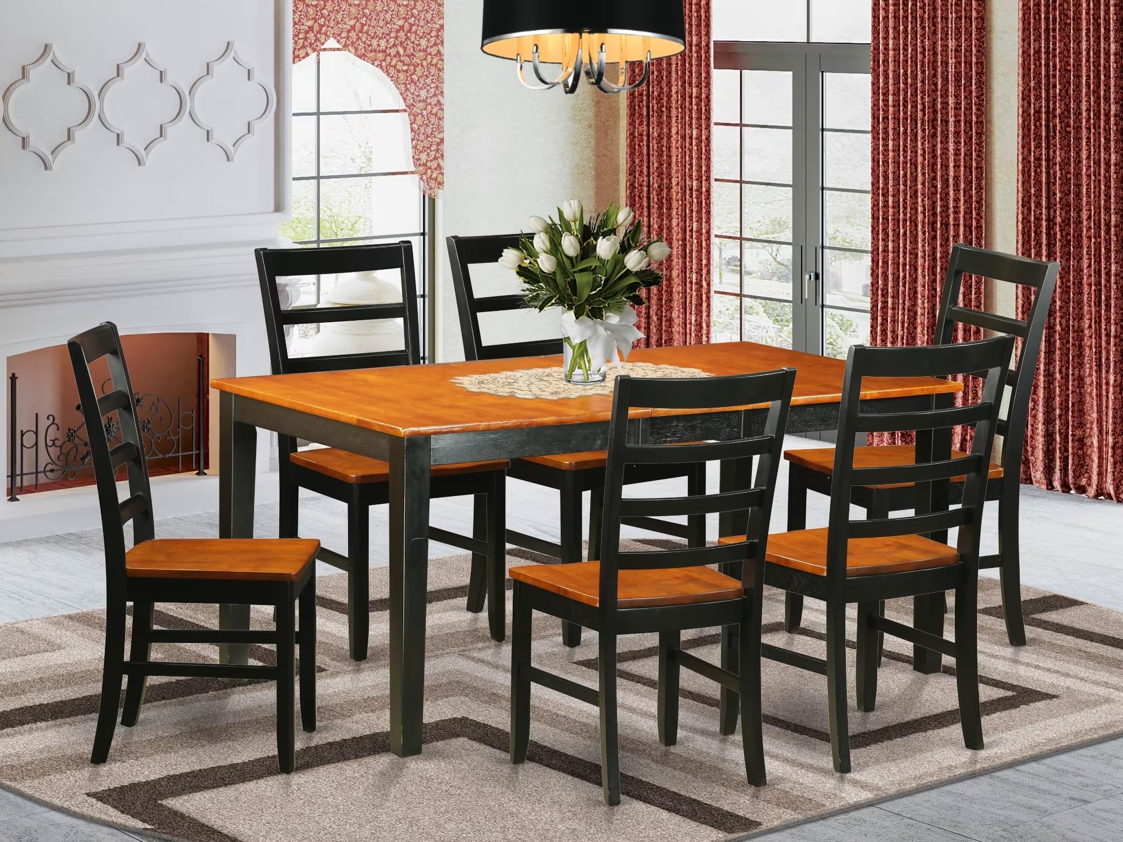 East West Furniture NIPF7-BCH-W 7 Piece Dining Table Set Consist of a Rectangle Dining Room Table with Butterfly Leaf and 6 Wooden Seat Chairs, 36x66 Inch, Black & Cherry