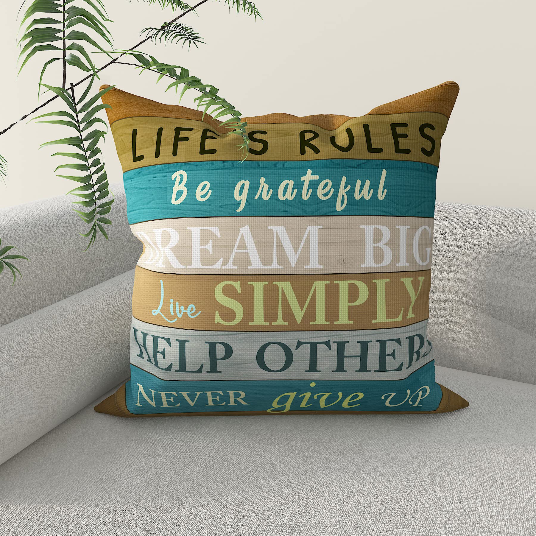 Life'S Rules Throw Pillow Case, 18' X 18' Decorative Throw Pillowcase, Warm Lettering Quotes With Retro Wood Grain Background