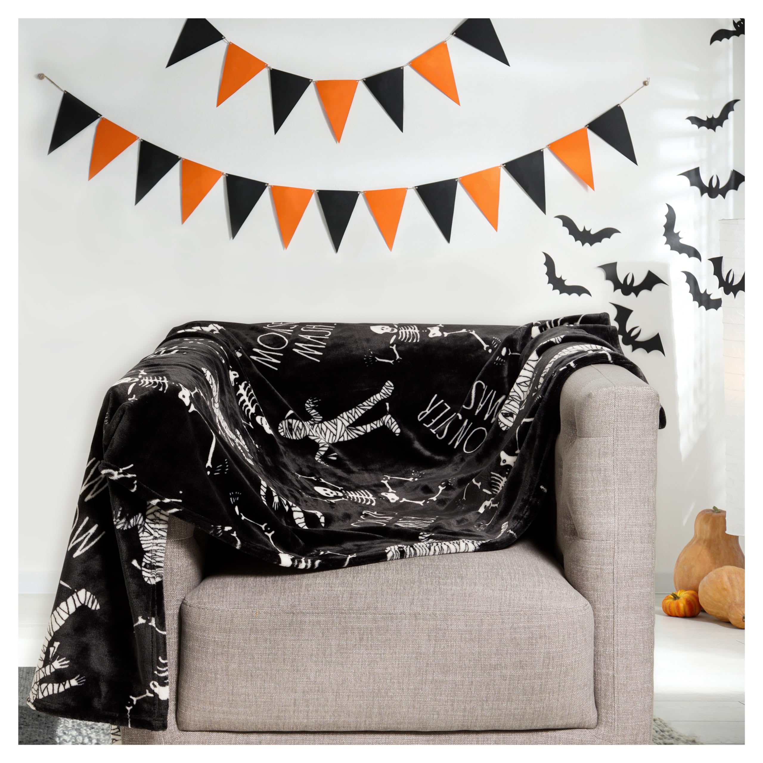 Rae Dunn Throw Blanket- Soft, Decorative Blankets For Bed Or Couch, Cozy Throws For Sofa, Soft Plush Throw Embroidered Bones, 50