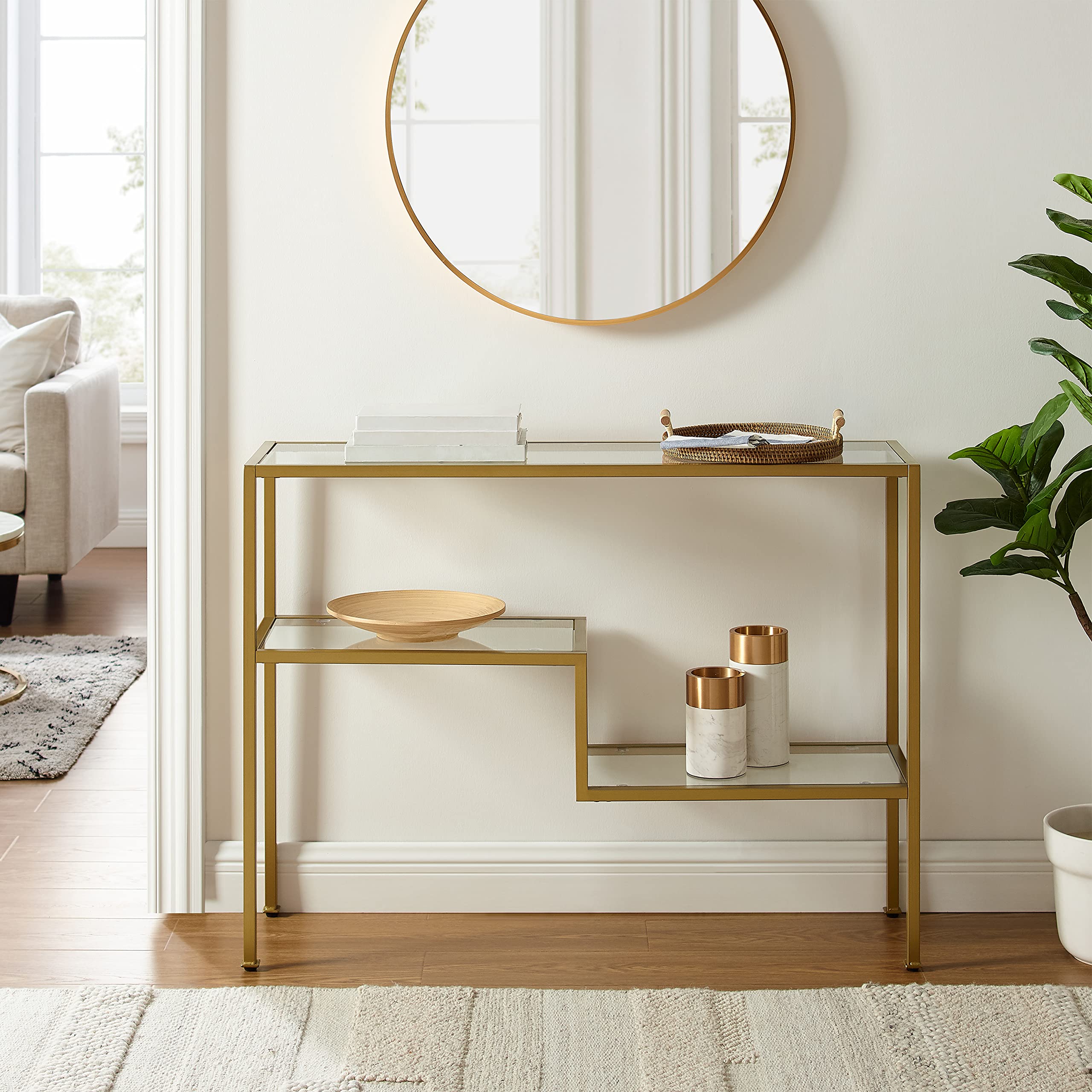 Crosley Furniture Sloane Sofa Console Table With Storage Shelves For Hall, Entryway, Or Living Room, Gold