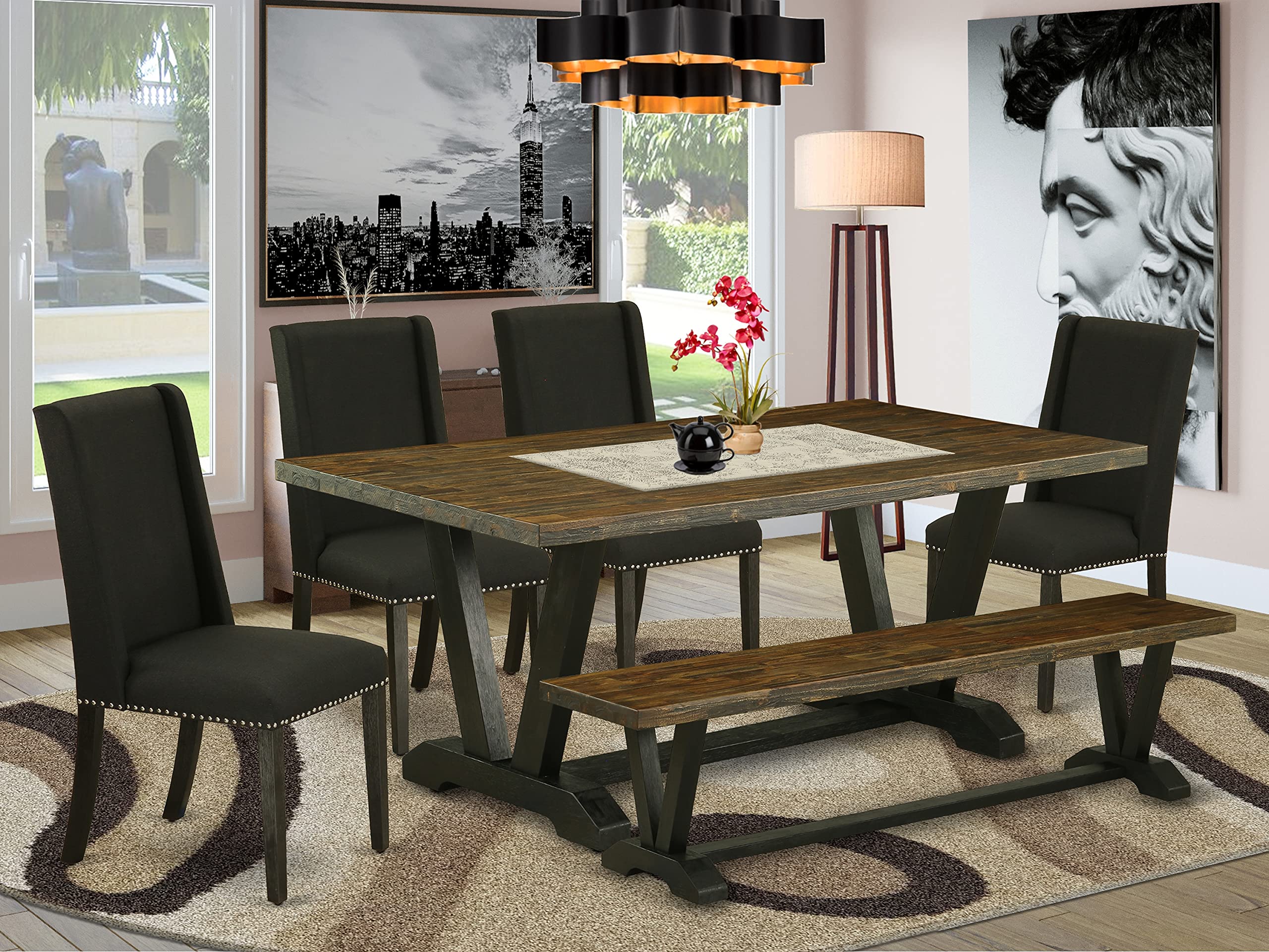 East West Furniture V-Style 6 Piece Room Set Contains A Rectangle Dining Table With V-Legs And 4 Black Linen Fabric Parson Chairs With A Bench, 40X72 Inch, V677Fl624-6