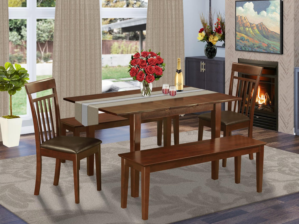 East West Furniture PSCA5C-MAH-LC 5 Piece Dining Table Set Includes a Rectangle Wooden Table with Butterfly Leaf and 2 Faux Leather Dining Chairs with 2 Benches, 32x60 Inch, Mahogany