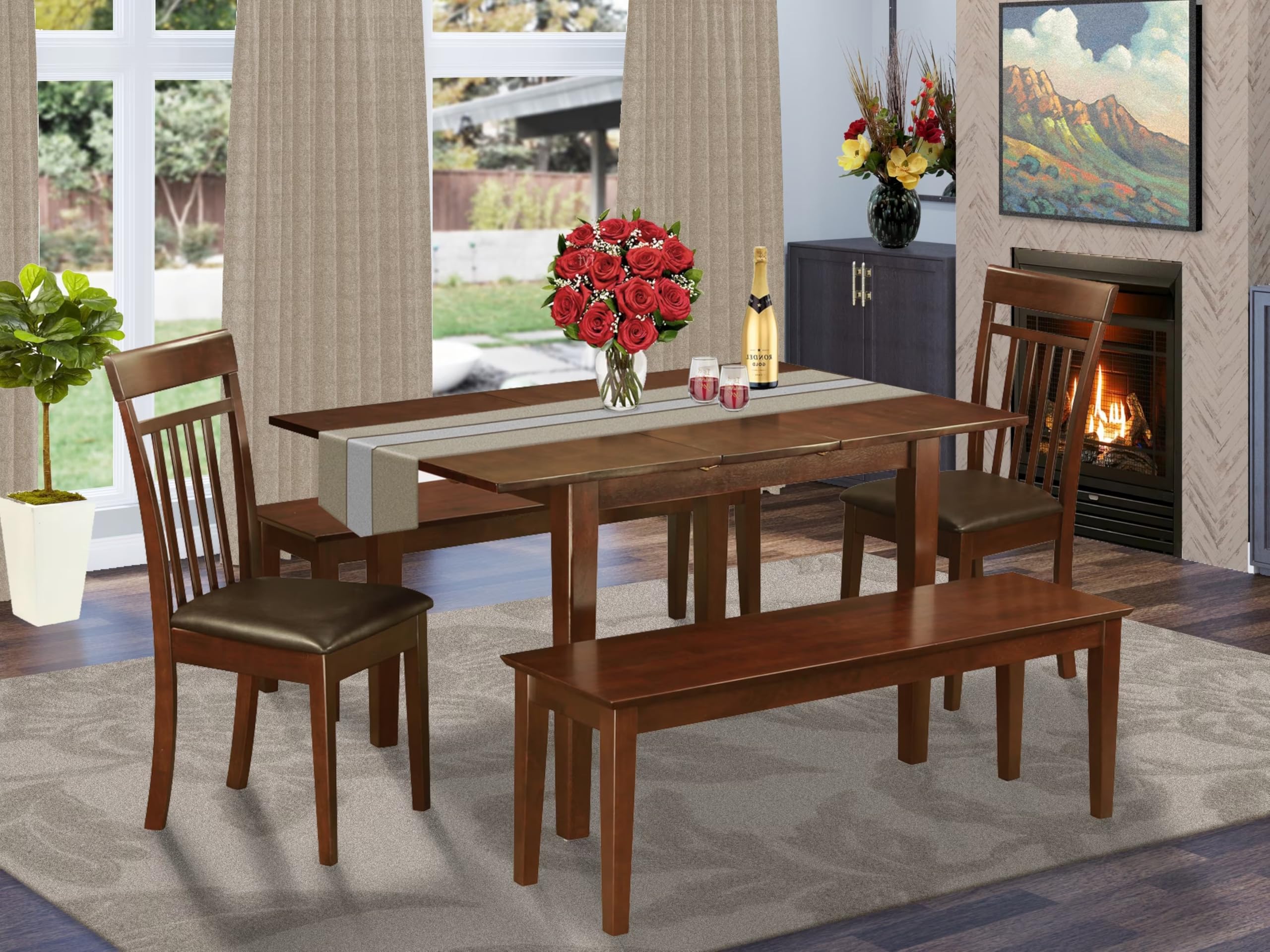East West Furniture PSCA5C-MAH-LC 5 Piece Dining Table Set Includes a Rectangle Wooden Table with Butterfly Leaf and 2 Faux Leather Dining Chairs with 2 Benches, 32x60 Inch, Mahogany