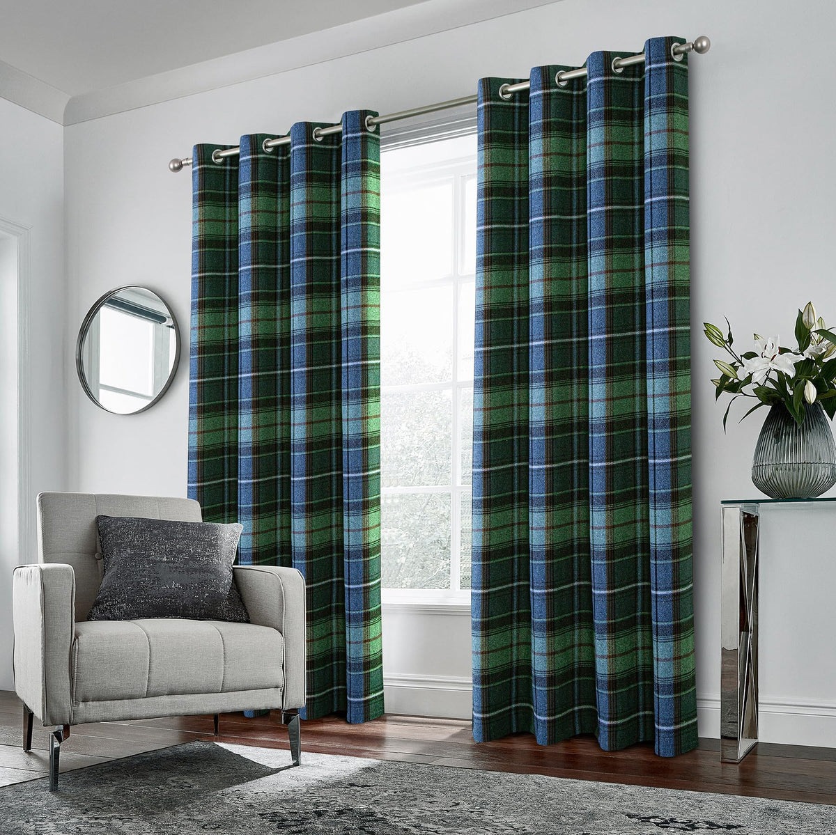 Always4U Woolen Look Plaid Curtains Modern Window Panels Blue Green Check Tartan Curtains For Living Room Bedroom 2 Panels Blue