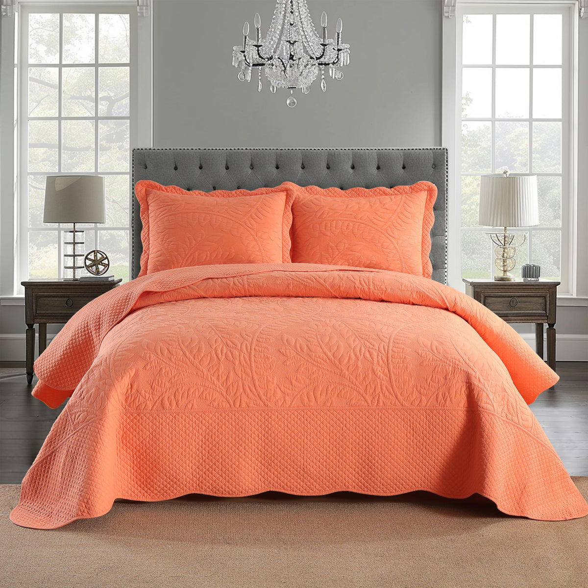 Marcielo 3-Piece 100% Cotton Oversized Quilt Bedspread Set Coverlet Set T002, Salmon, Queen
