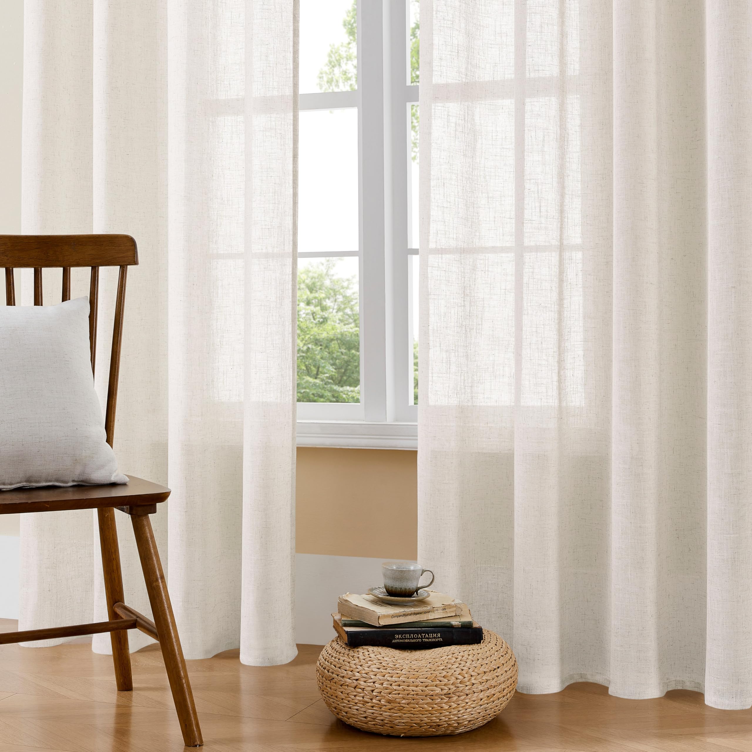 Joydeco Semi Sheer Curtains For Living Room, Linen Curtains 108 Inch Length 2 Panels Set For Bedroom ,White Curtains 108 Inches