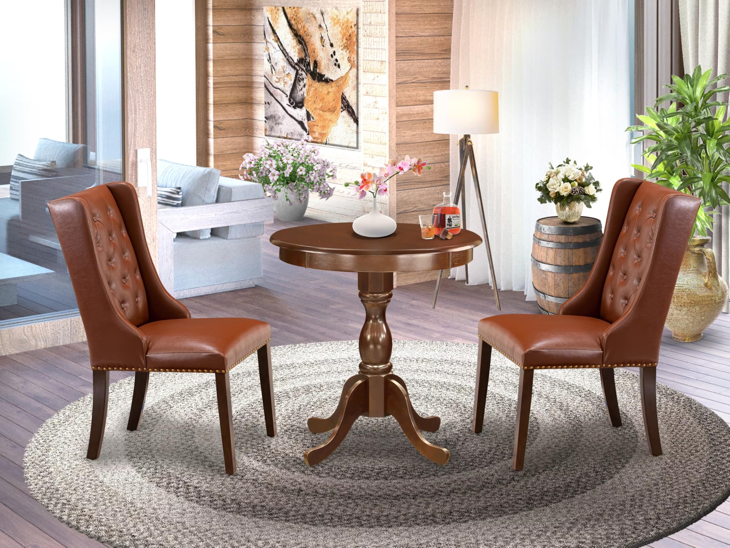 East West Furniture Esfo3-Mah-46 3 Piece Dinette Set For Small Spaces Contains A Round Dining Table With Pedestal And 2 Brown Faux Faux Leather Upholstered Chairs, 30X30 Inch, Mahogany