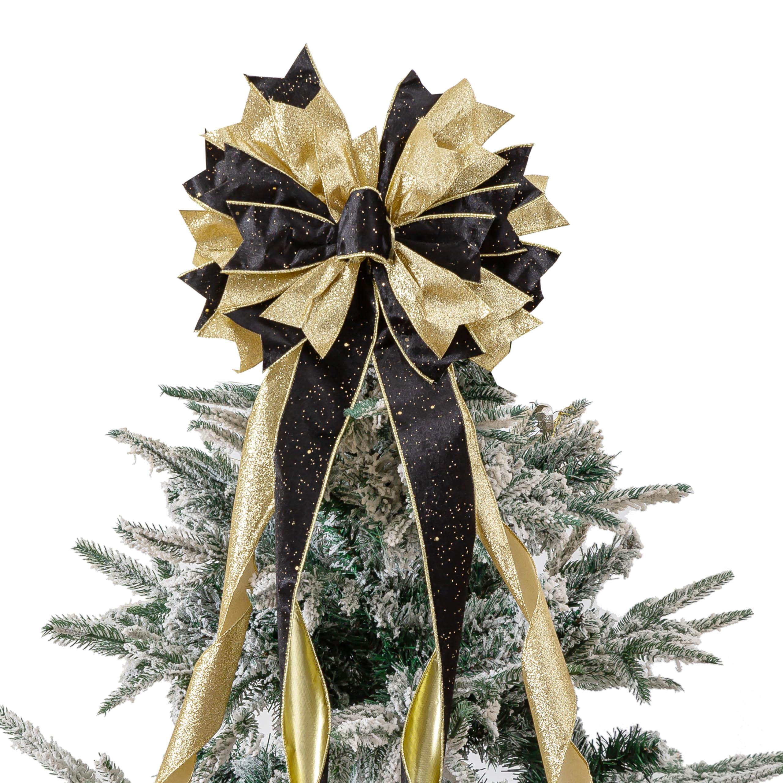 Black Golden Christmas Tree Topper, 40x13 Inches Toppers Bow with Glitter Satin Mesh Streamer and Patterned Ribbon, Christmas Tr