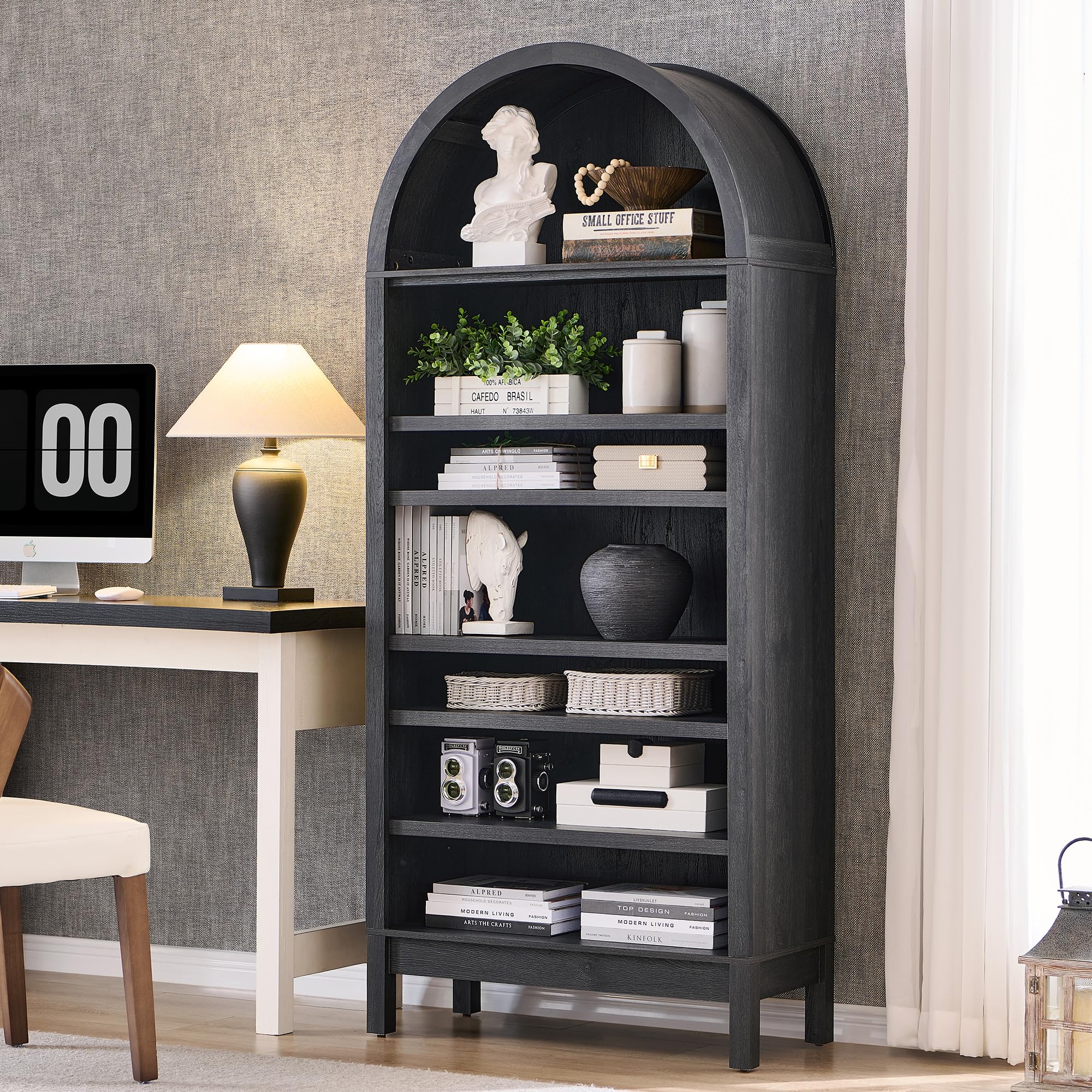 IFGET 71 Tall Arched Bookshelf, 7 Tiers Arch Bookcase with Storage, Modern Farmhouse Book Shelf with Adjustable Shelves, Wood Bo