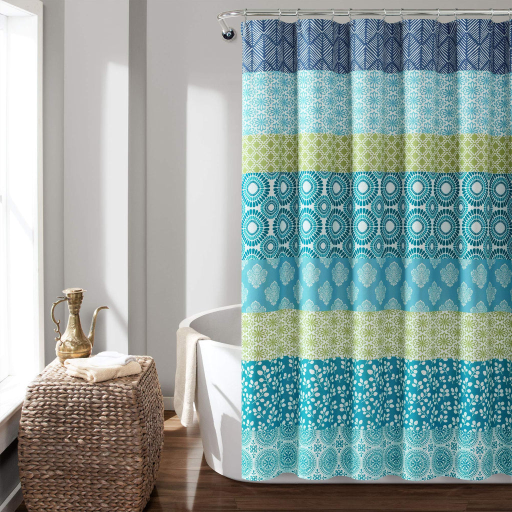 Lush Decor Bohemian Stripe Shower Curtain, 72' W X 72' L, Blue & Green - Boho Shower Curtain - Colorful Striped Bathroom Curta