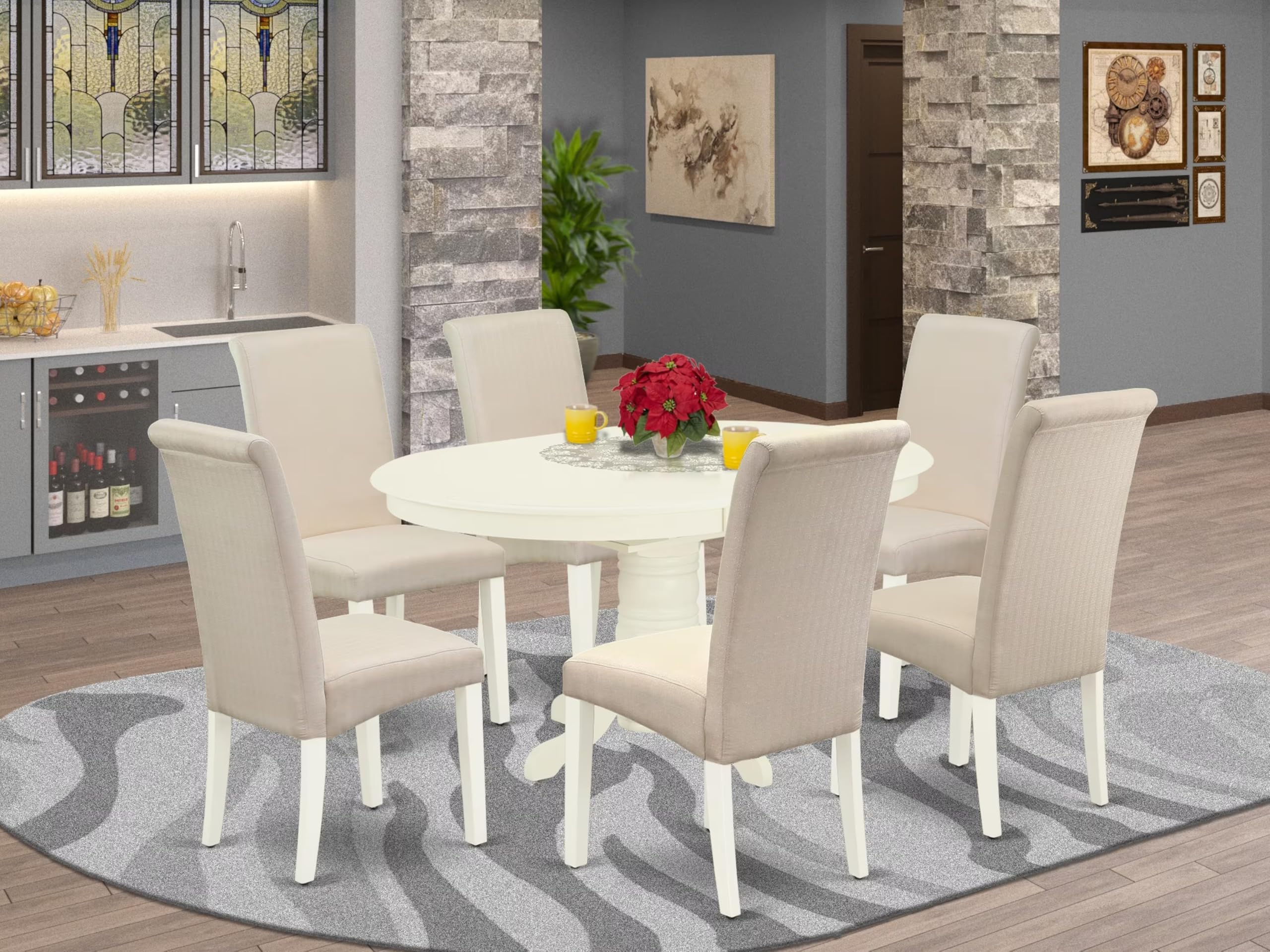 East West Furniture Avba7-Lwh-01 7 Piece Dining Table Set Consist Of An Oval Dining Room Table With Butterfly Leaf And 6 Cream Linen Fabric Upholstered Chairs, 42X60 Inch, Linen White