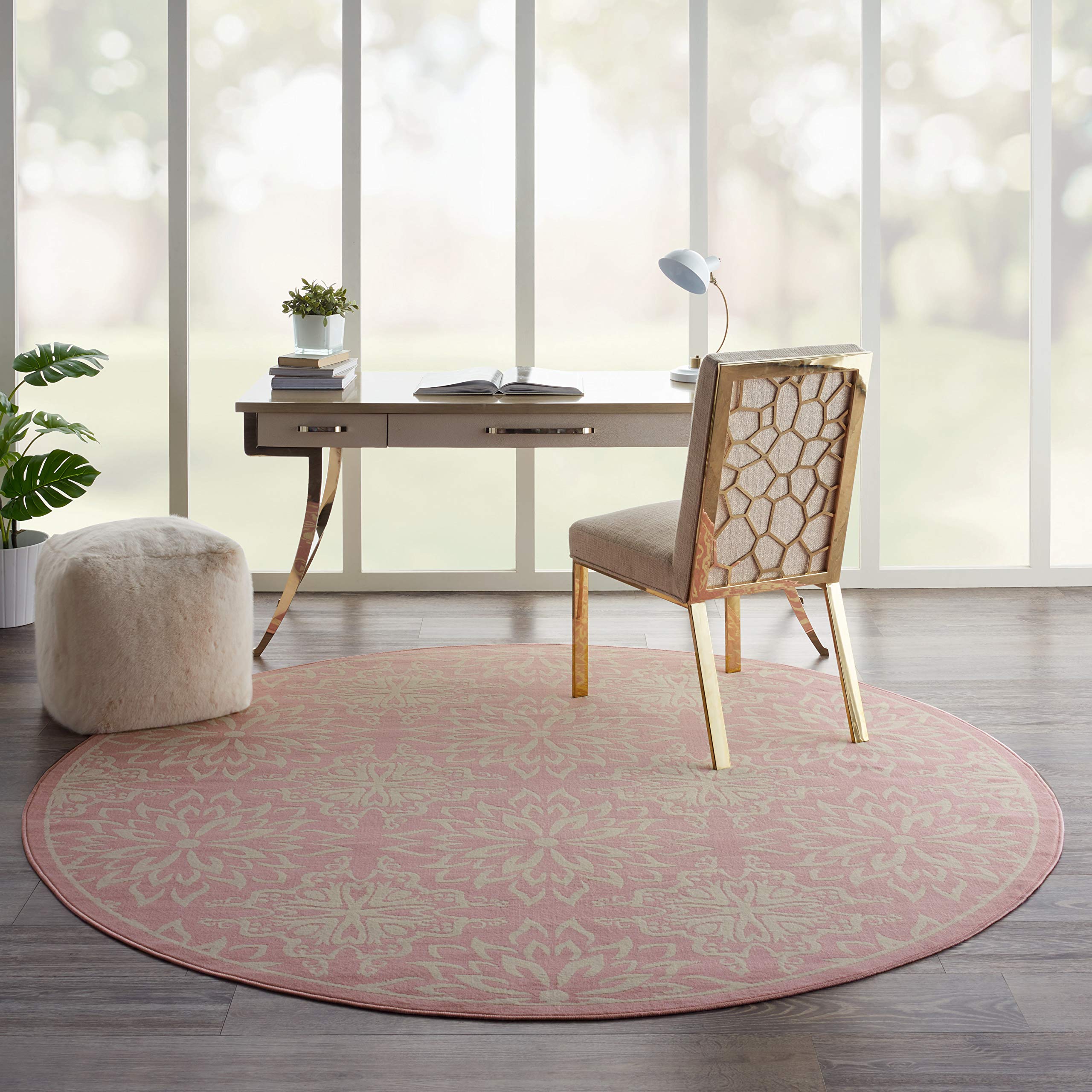 Nourison Jubilant Floral Ivory/Pink 8 x Round Area-Rug, Easy-Cleaning, Non Shedding, Bed Room, Living Room, Dining Room, Kitche