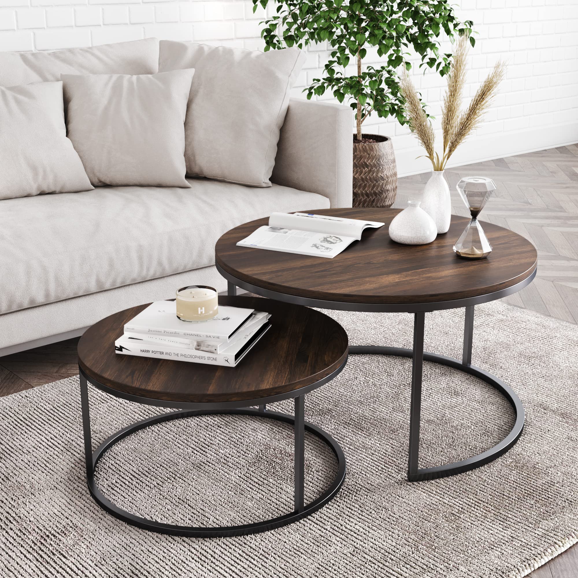 Nathan James Stella Round Modern Nesting Coffee Set of 2, Stacking Living Room Accent Tables with an Industrial Wood Finish and 