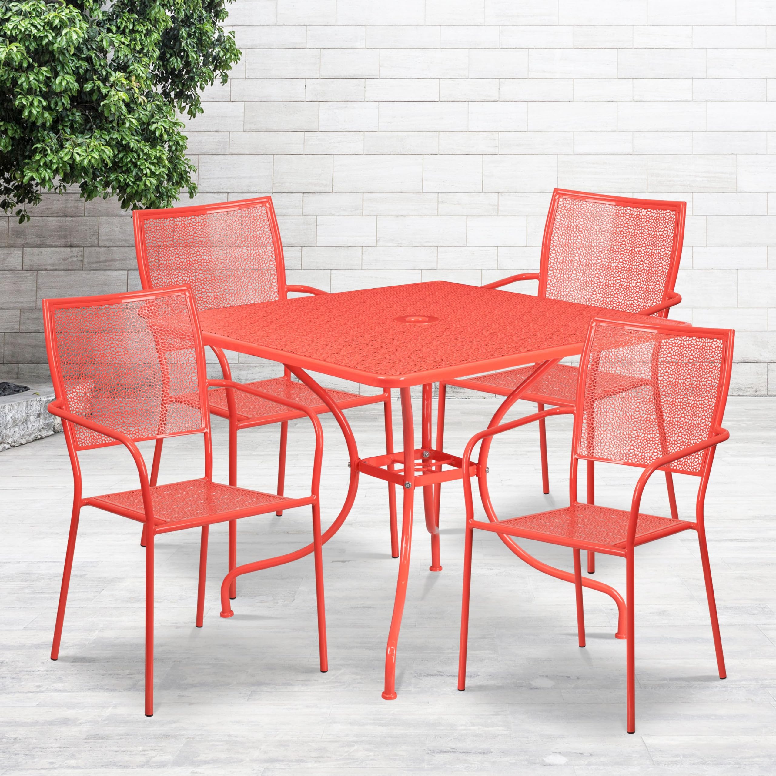 Flash Furniture Oia Commercial Grade 35.5' Square Coral Indoor-Outdoor Steel Patio Table Set With 4 Square Back Chairs