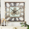 The Gears Clock 24 Inch Square Real Moving Gear Wall Clock Vintage Industrial Oversized Rustic Farmhouse (White Farmhouse)