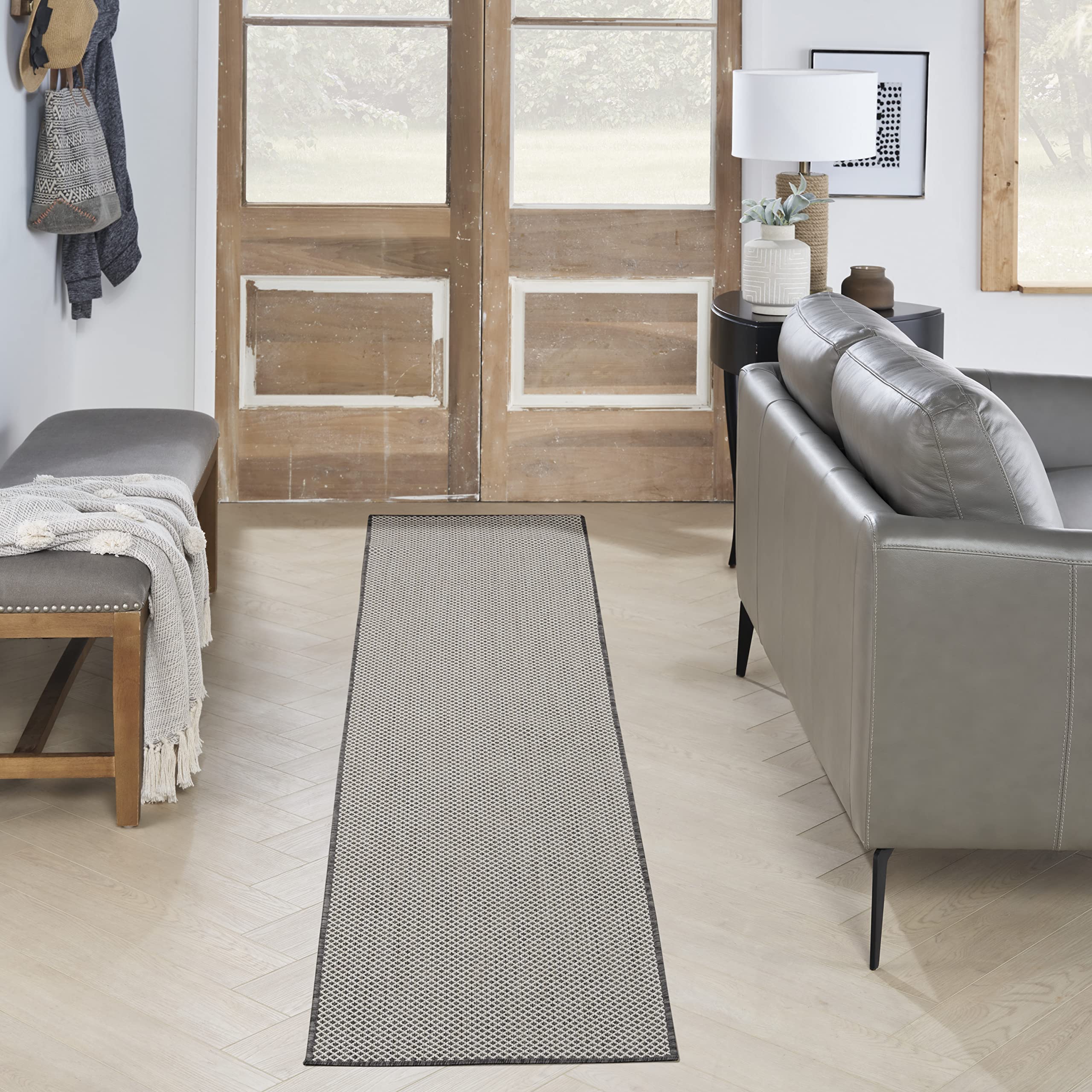 Nourison Courtyard 8' Runner Ivory Charcoal Fabric Modern Area Rug (8' Runner)