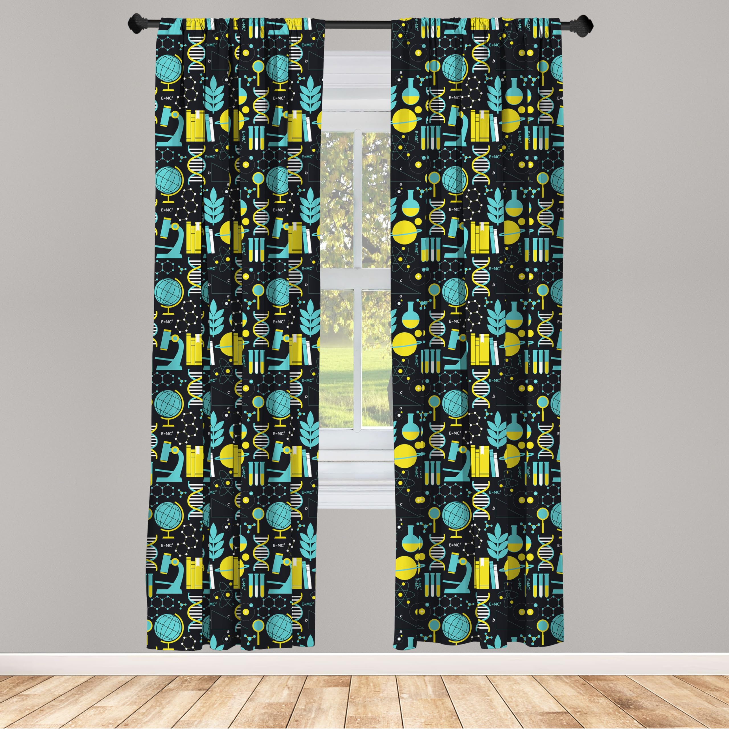 Ambesonne Window Curtains Pack Of 2, Science Themed Biology Chemistry And Physics Protons Neutrons, Lightweight Set With Rod Poc