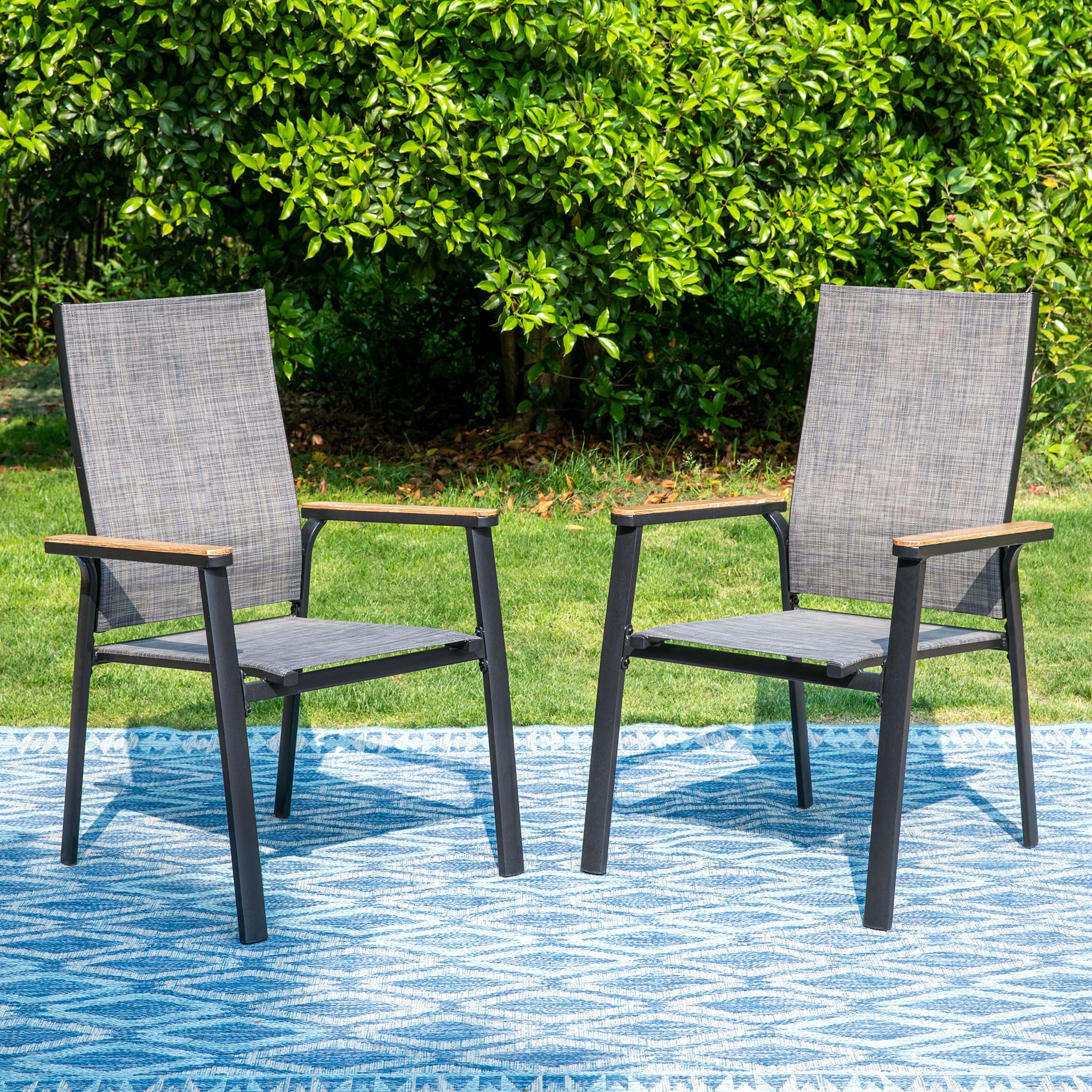 Mfstudio Outdoor Patio Dining Chairs, 2 Pcs Aluminum Patio Dining Sling Chair, Patio Chairs With Wood-Like Armrest & Wider Seat