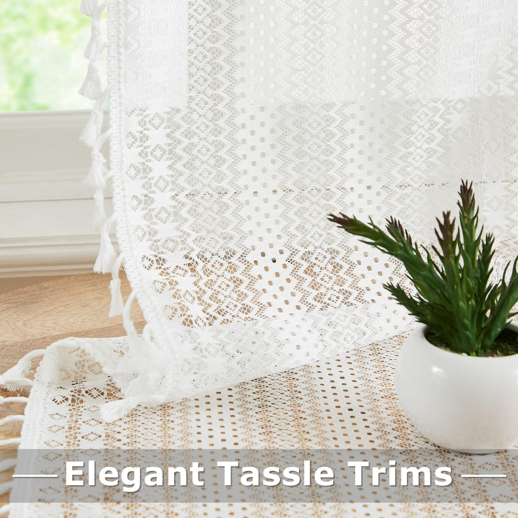 Bapawfish 95 Inches Length White Boho Lace Sheer Curtain Panels With Tassels,Rustic Rod Pocket Drapes,Embroidery Geometric Patte