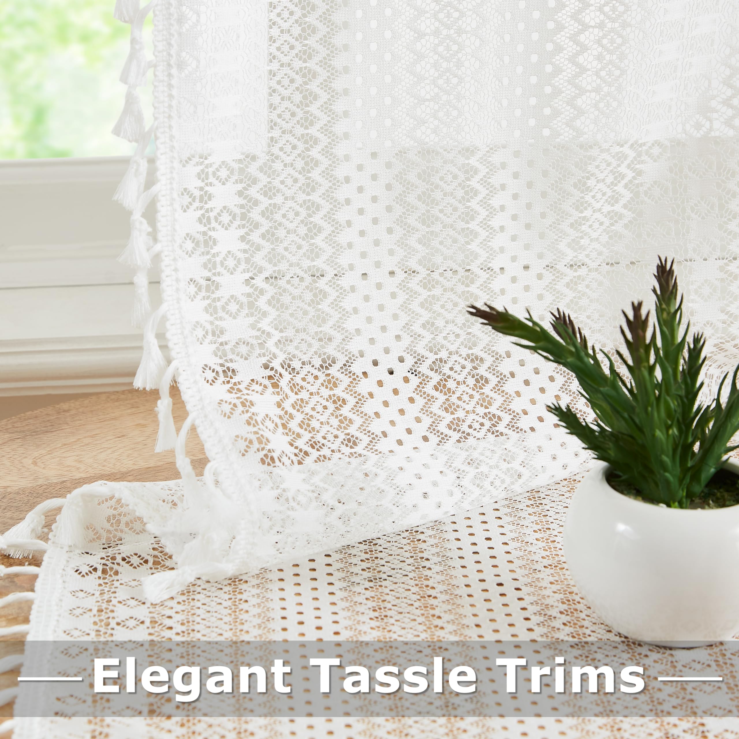 Bapawfish 95 Inches Length White Boho Lace Sheer Curtain Panels With Tassels,Rustic Rod Pocket Drapes,Embroidery Geometric Patte