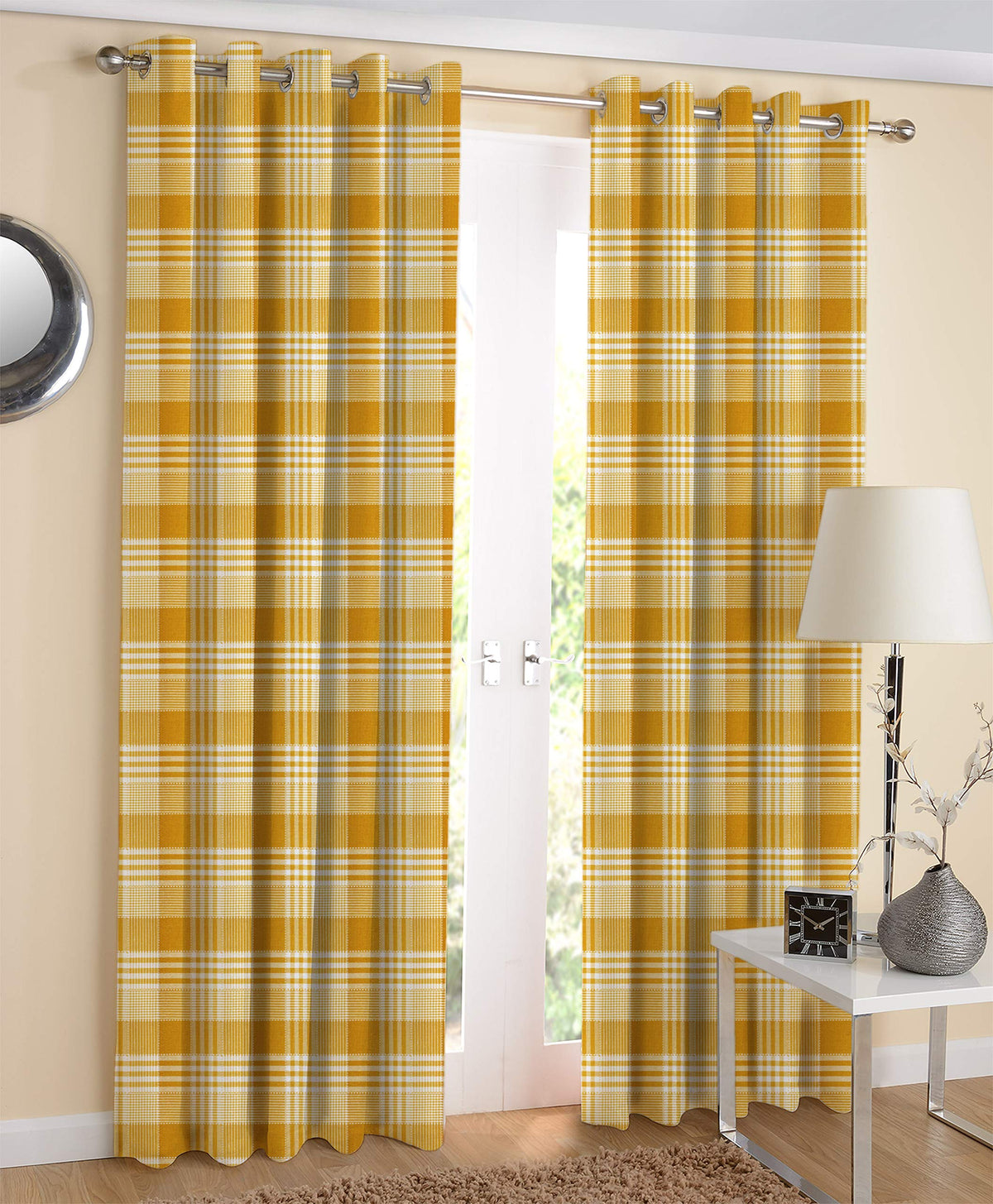 AIRWILL Yellow Checkered Pattern Cotton Window Curtains 4X5Ft Pack of 2 Pieces, Opaque, Grommet Curtains