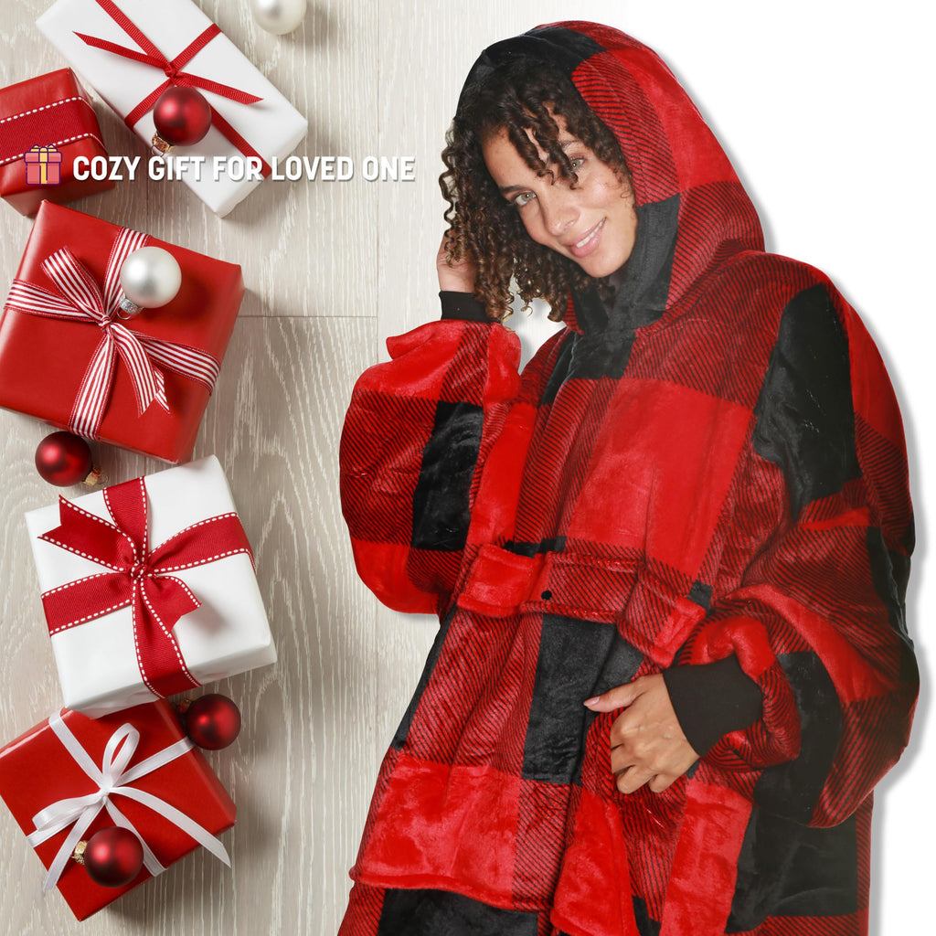 Catalonia Buffalo Plaid Oversized Blanket Hoodie Sweatshirt, Wearable Sherpa Lounging Pullover For Adults Men Women Teenagers Wi
