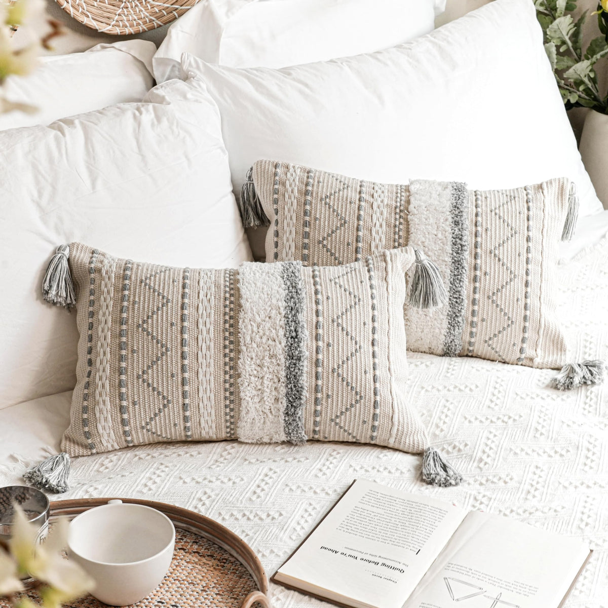 Blissblush Decorative Lumbar Throw Pillow Cover 12X20 Combo Set Of 2 Gray Rectangular Boho Accent Pillowcase Neutral Grey Farmho