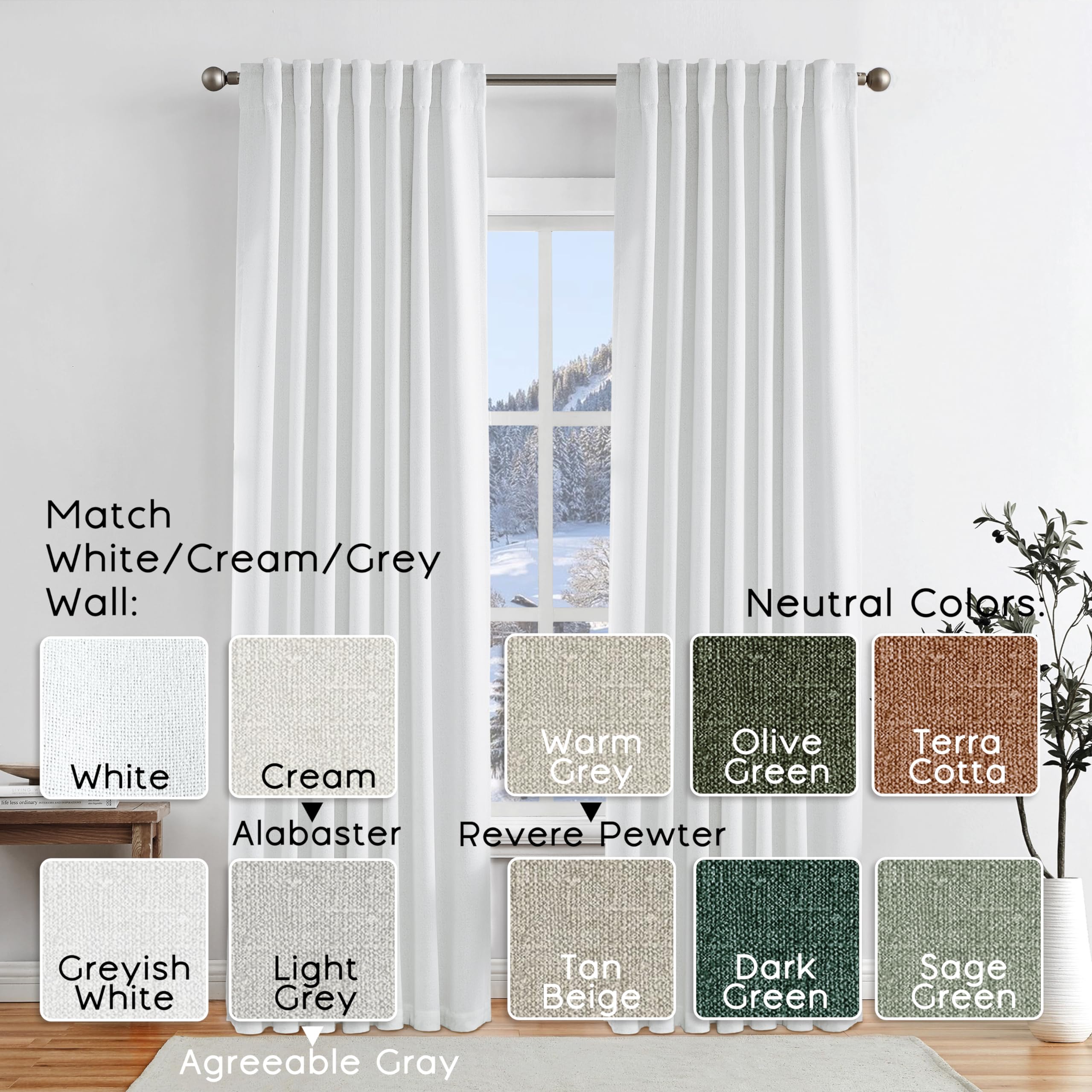 108 Inch White Extra Long Curtains For Bedroom,Hook Tape For Traverse Curtain Rod,100% Blackout Light Dark Out Faux Linen Long C