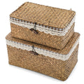 Yesland 2 Pack Seagrass Storage Baskets with Lids and Removable Liner, Handwoven Wicker Organizer Bins for Closet Shelf, Bedroom